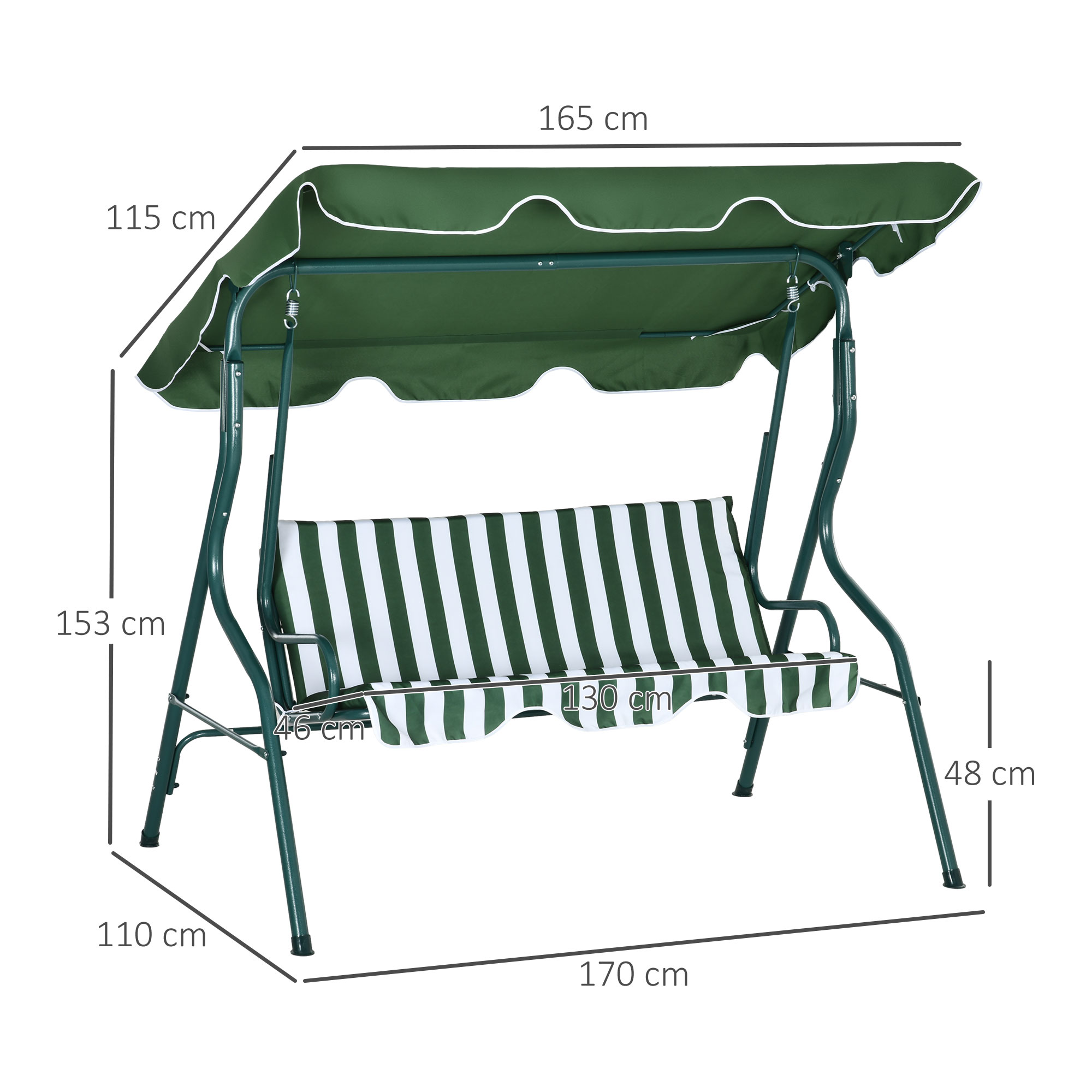 Un asiento columpio de jardín verde con rayas blancas y dimensiones.