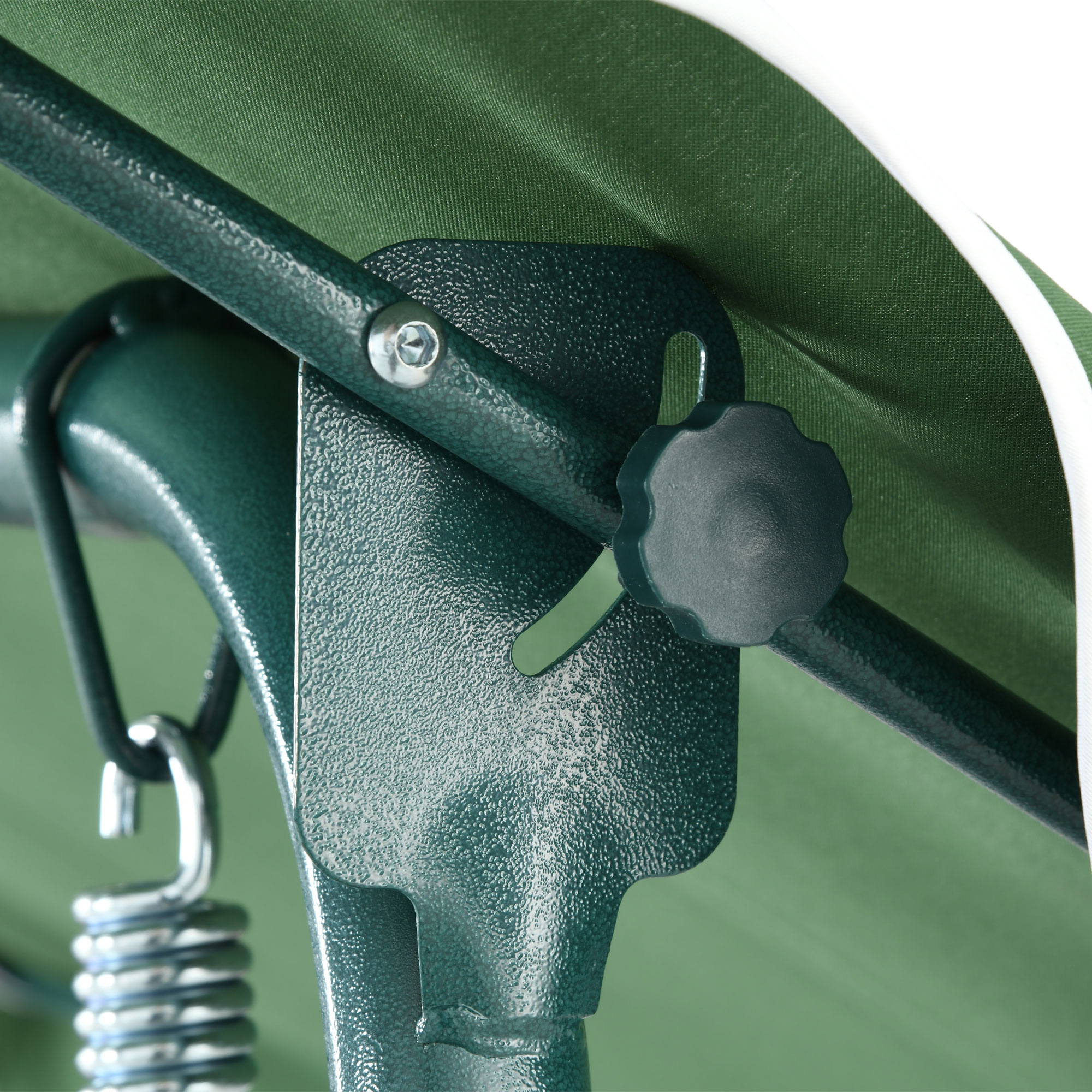Toldo de tela verde con marco metálico, tornillo y pomo negro.