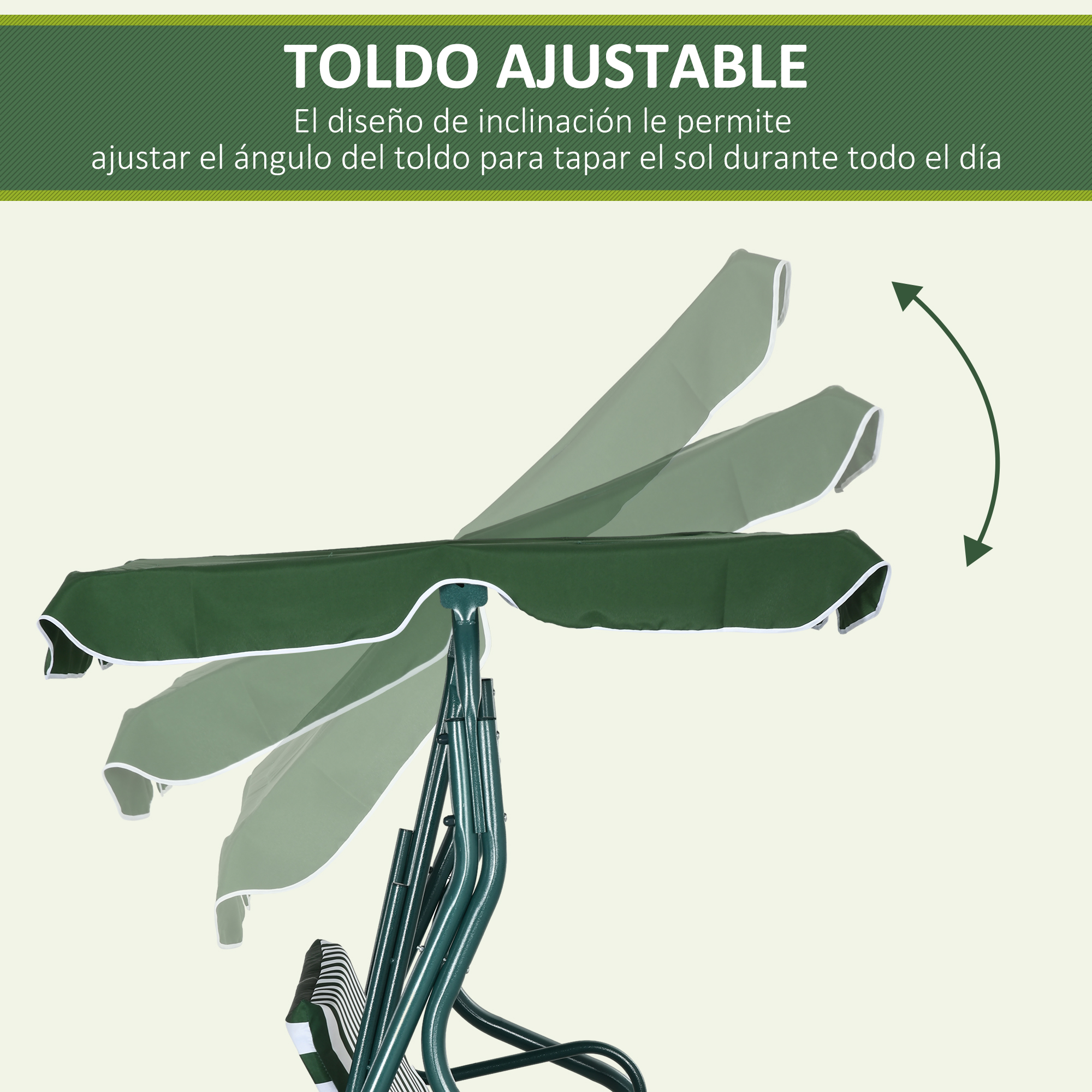 Toldo ajustable en un marco de tumbona, verde con ribete blanco.