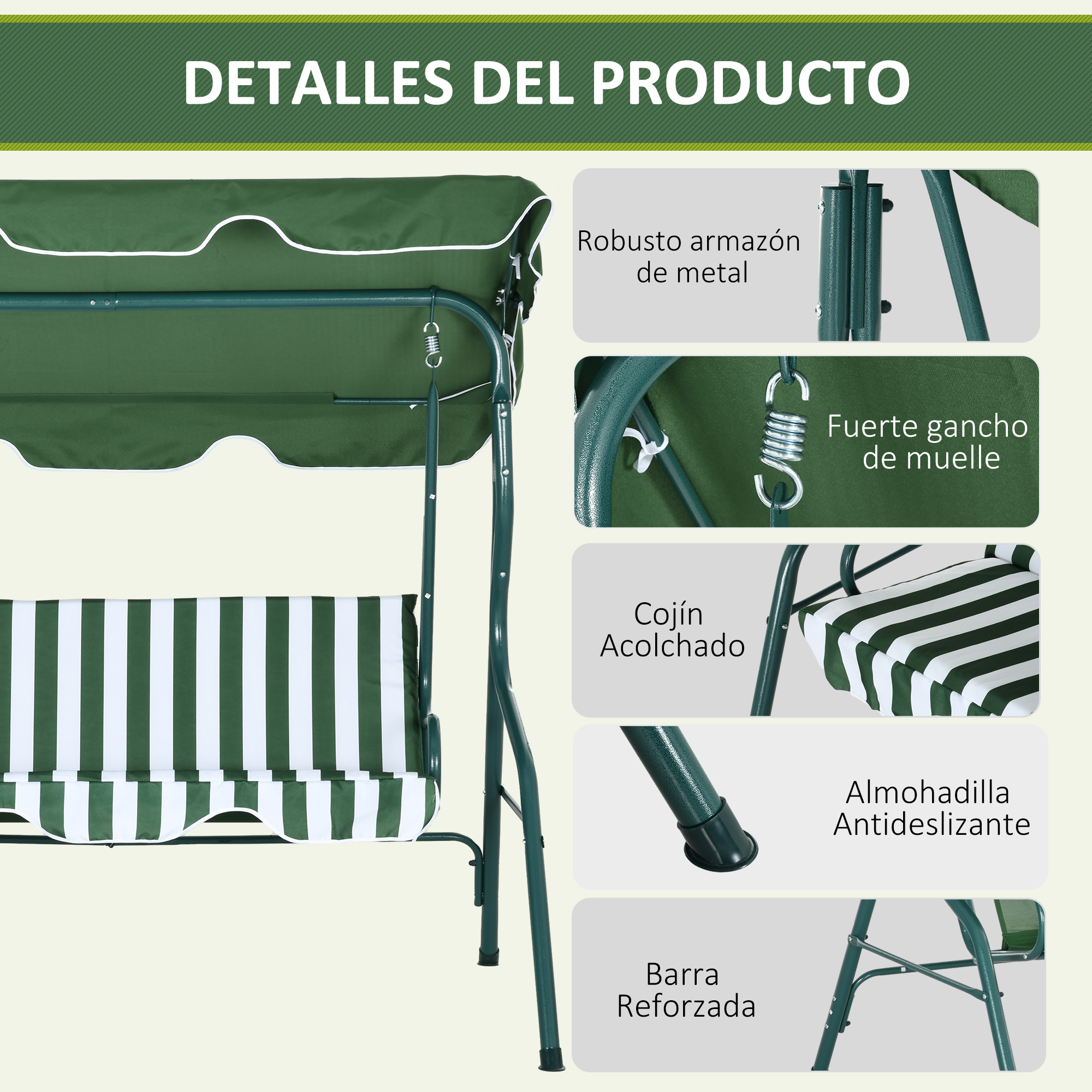 Columpio verde con rayas blancas y verdes y marco de metal. Detalles.