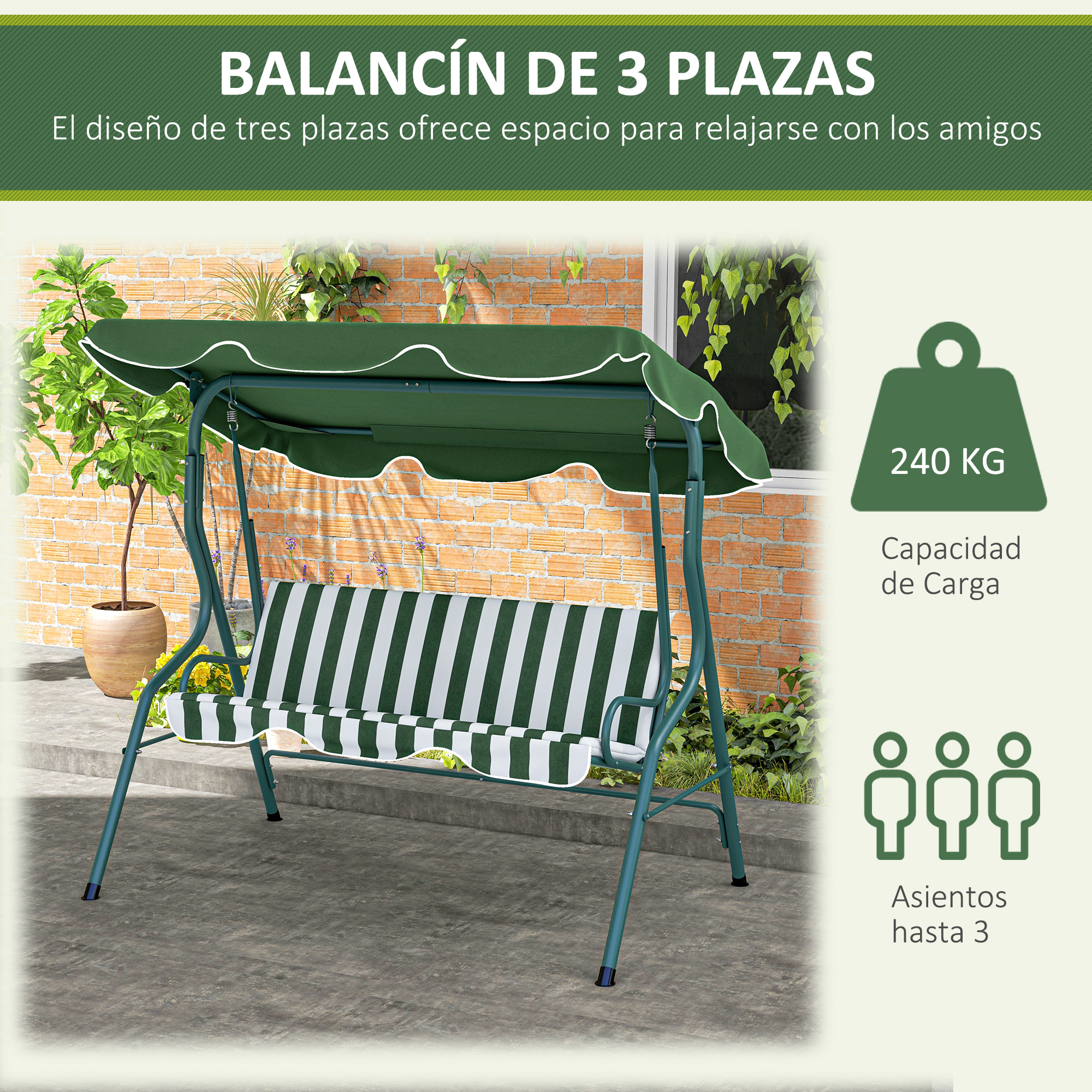 Un columpio de 3 plazas verde oscuro con asiento a rayas verdes y blancas frente a pared de ladrillos.