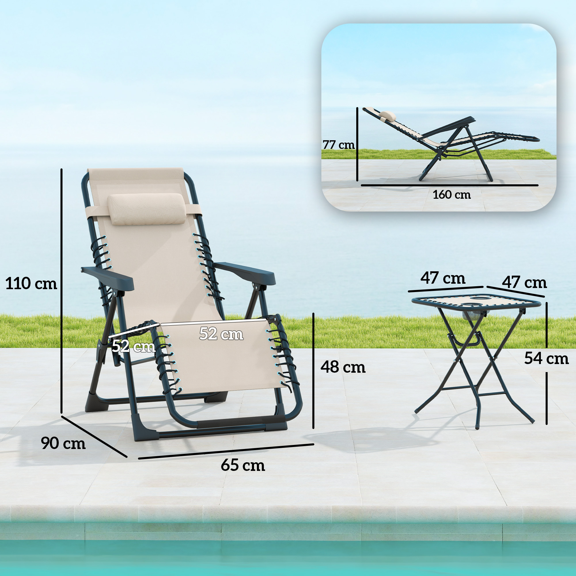 Una sedia a sdraio e un tavolo beige con dimensioni davanti a una piscina.