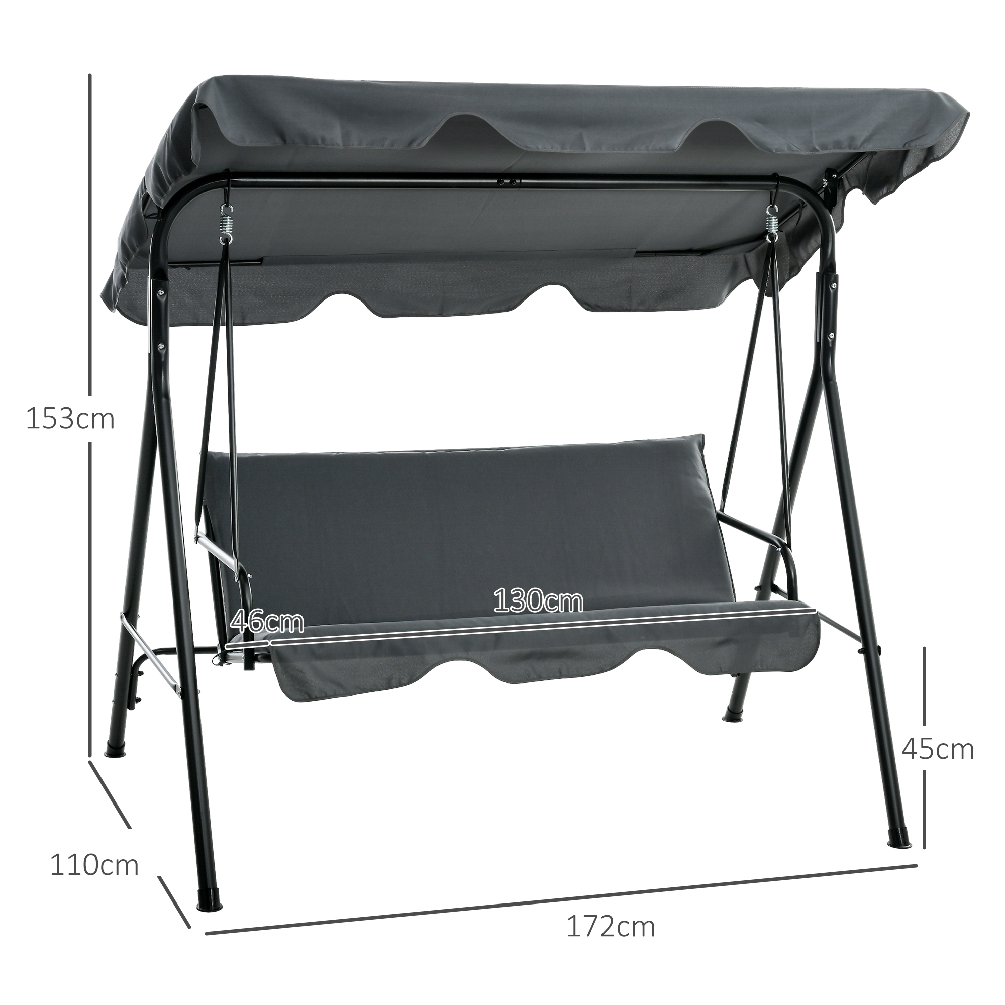 Altalena grigio scuro con tettuccio. Larghezza seduta 130cm, altezza 153cm.
