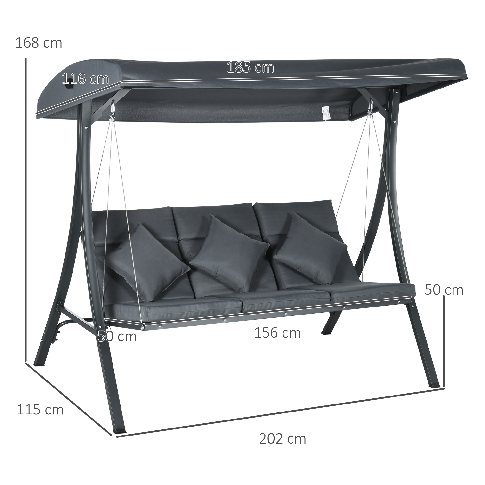 Un divano da giardino a dondolo grigio a 3 posti con tettoia.