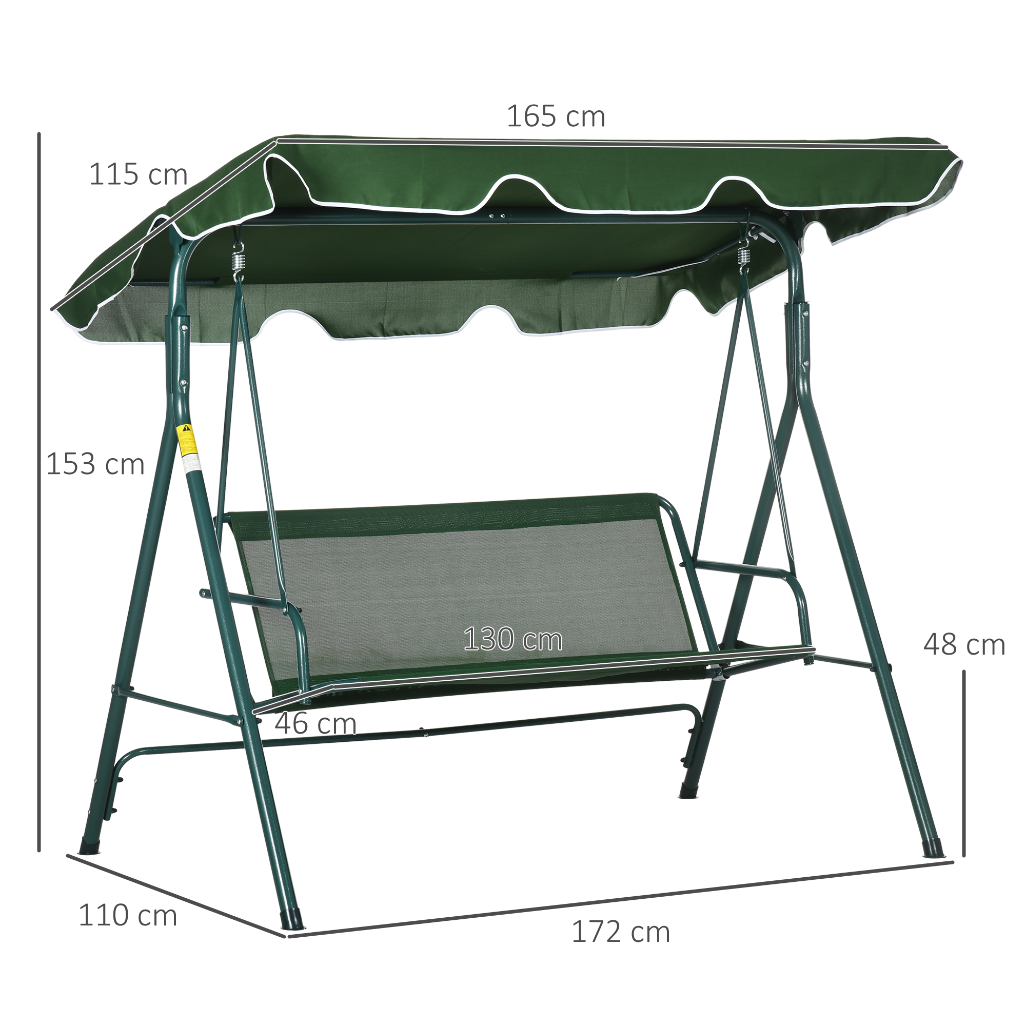 Un'altalena da giardino verde con dimensioni, su sfondo bianco.