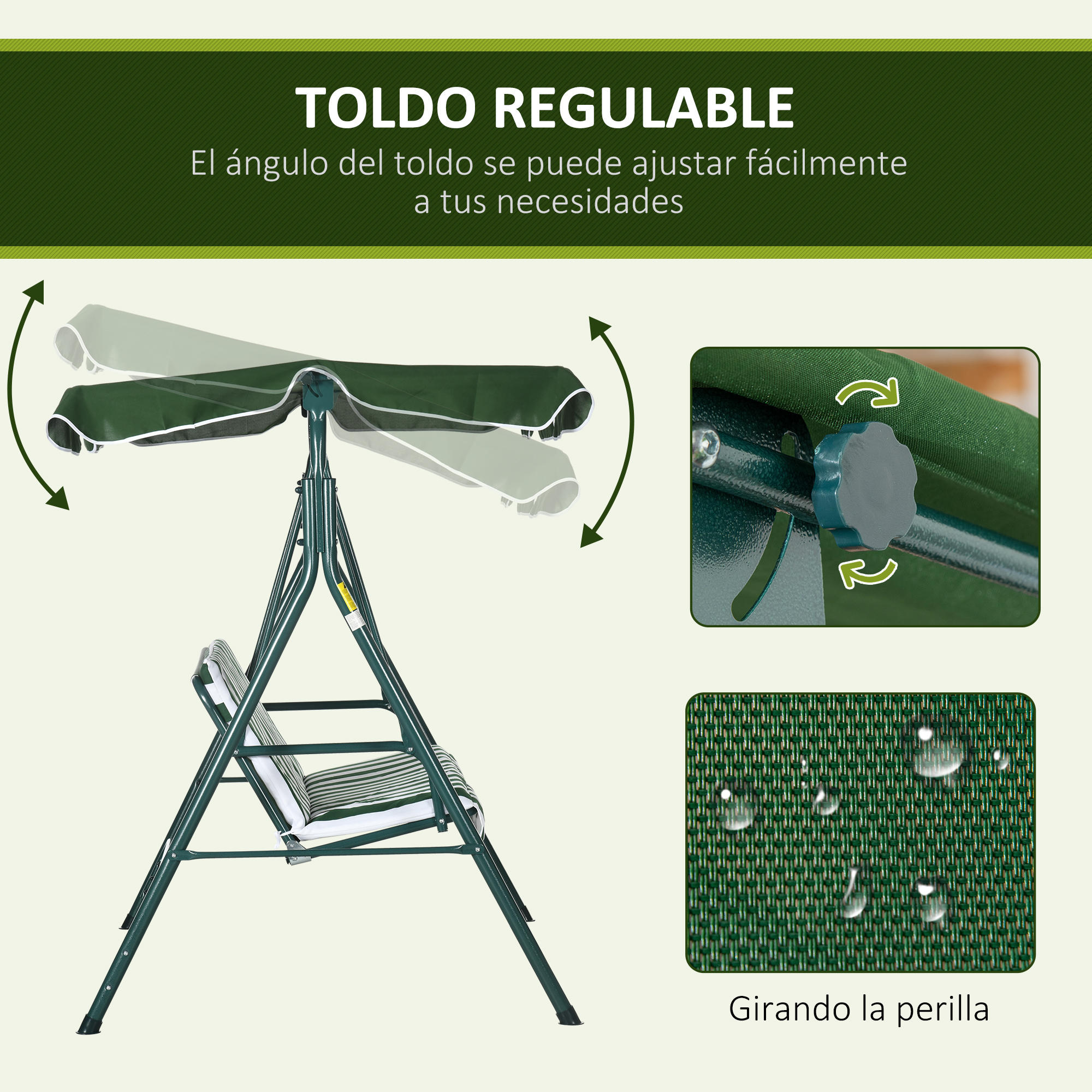 Toldo verde ajustable en columpio con pomo y gotas de agua.