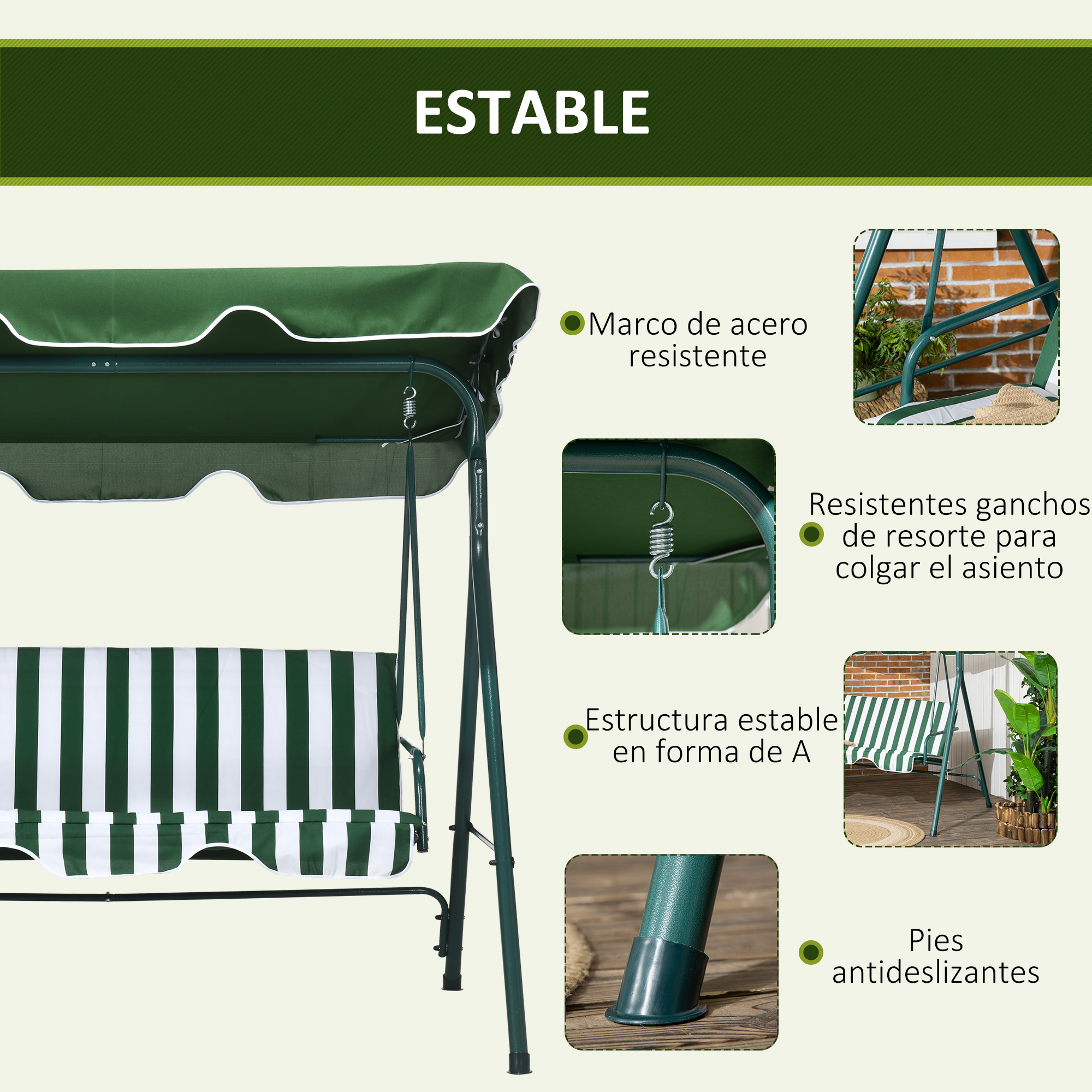 Columpio verde con rayas blancas y verdes, marco de acero y suspensión de resorte.