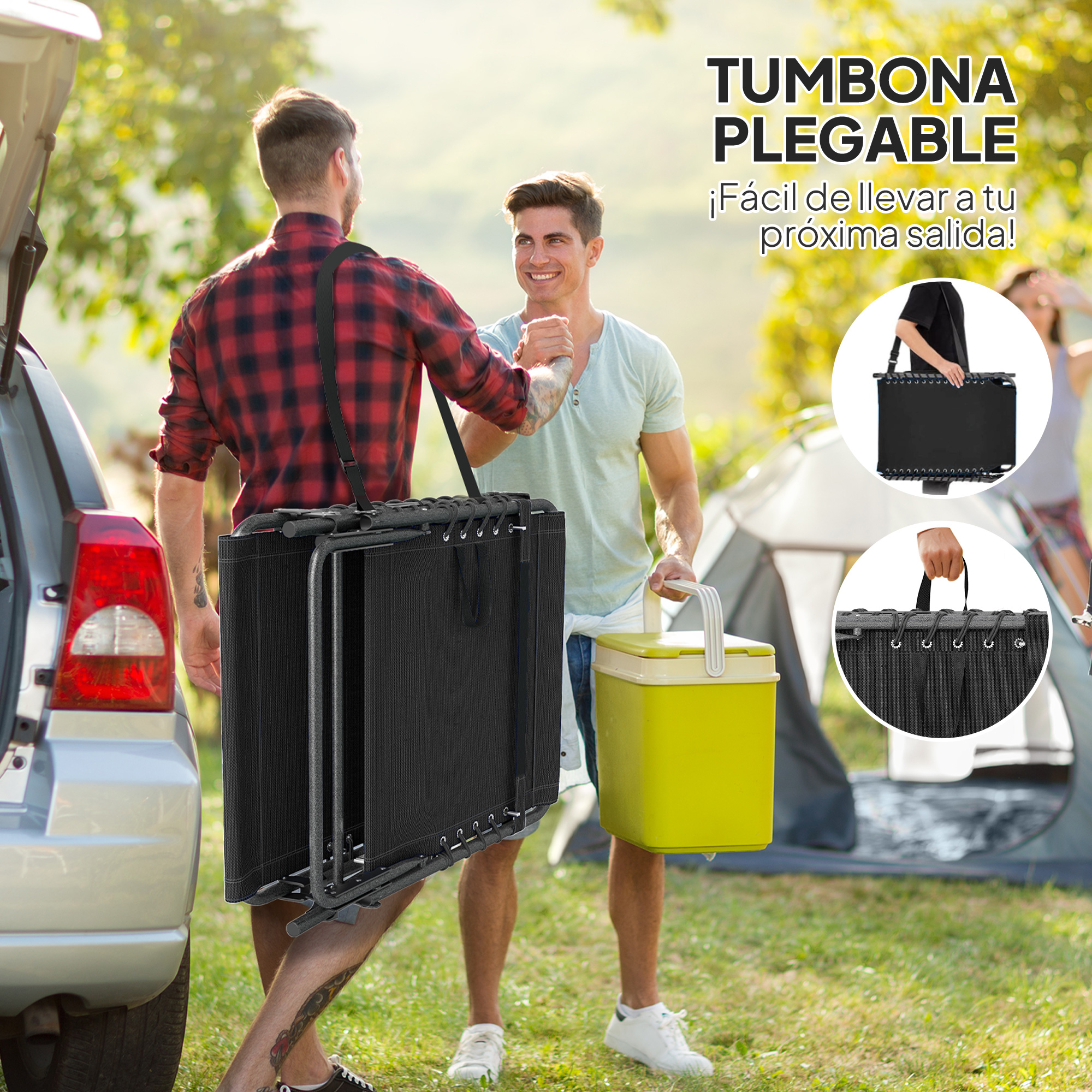 Dos hombres con una tumbona plegable junto a un coche y una tienda.