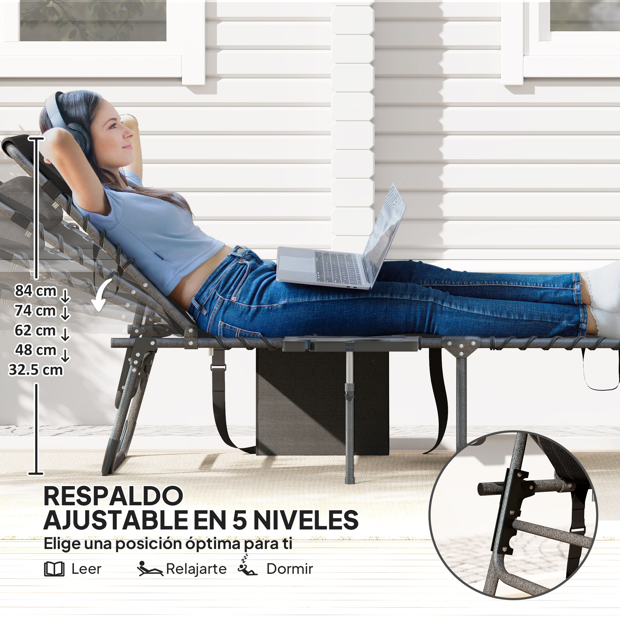 Una mujer con auriculares se relaja en una tumbona ajustable con un portátil.