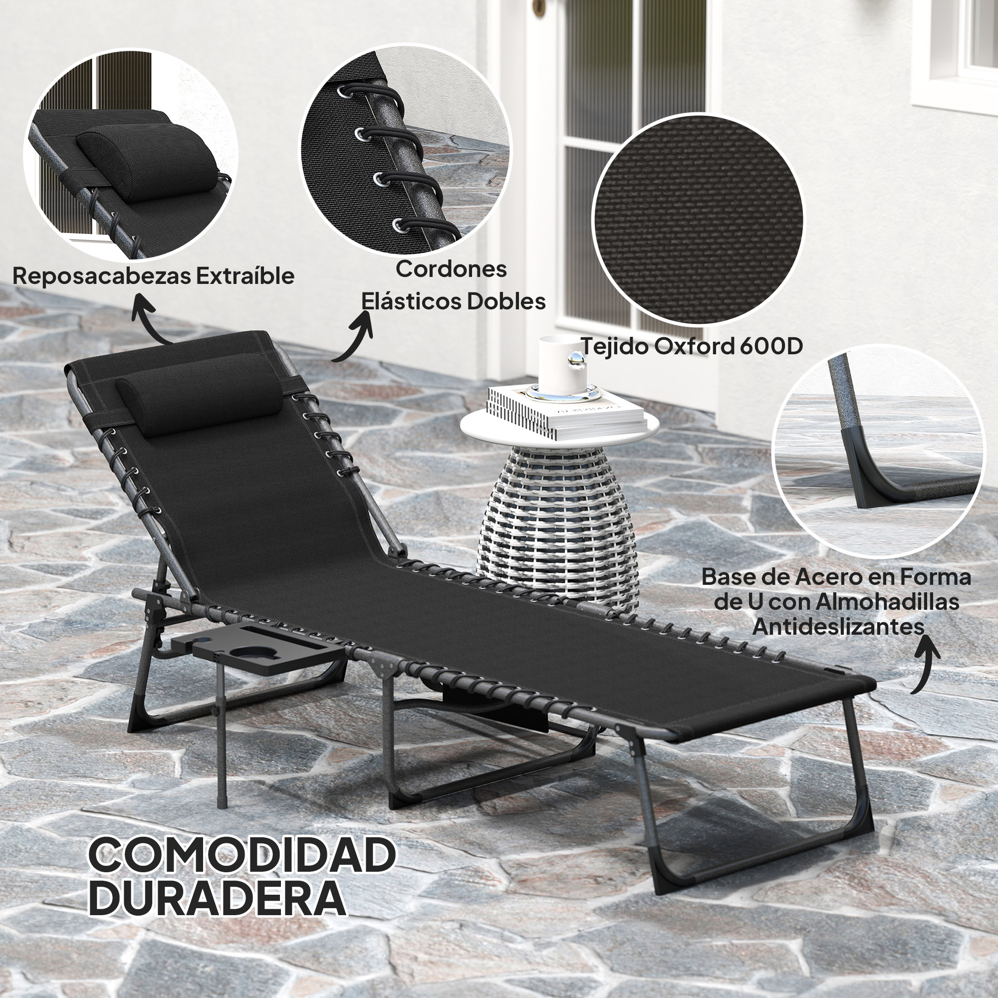 Tumbona negra con cojín extraíble, cordones elásticos y base de acero en forma de U.