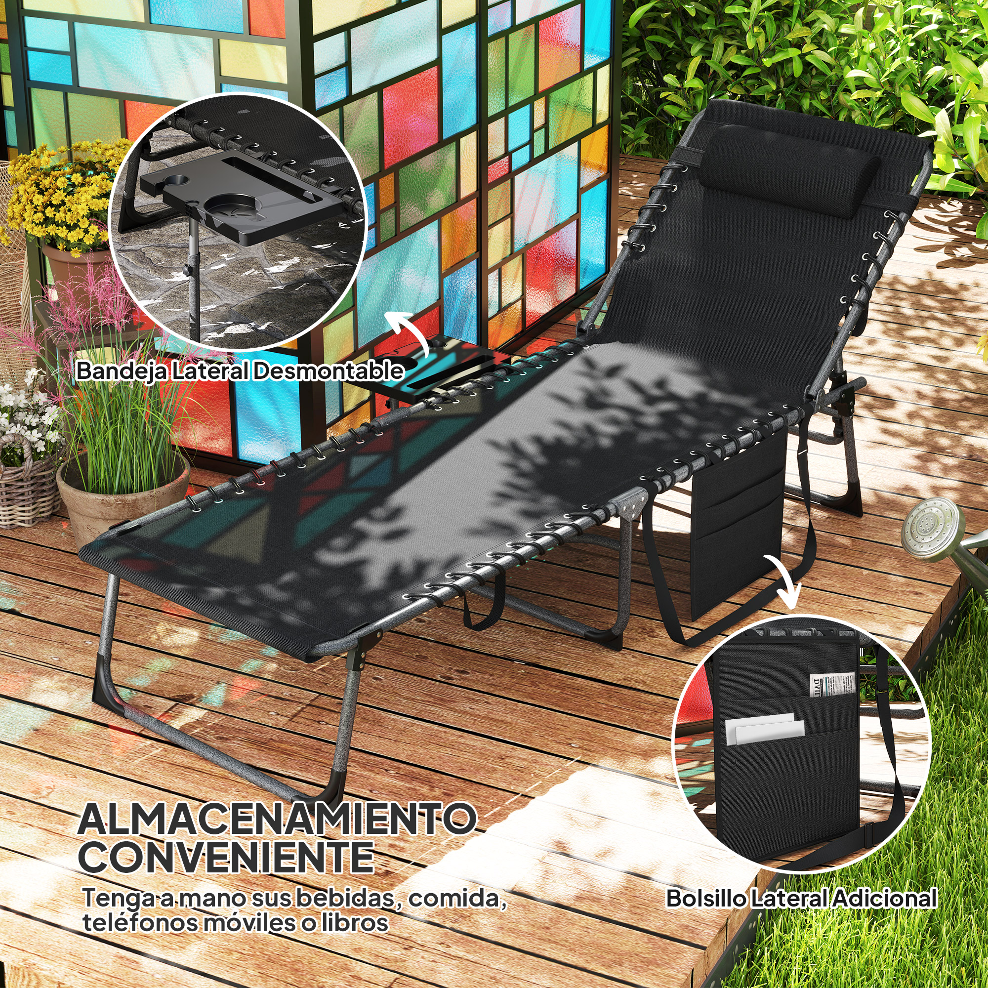 Silla reclinable negra con bandeja lateral desmontable y bolsillo.