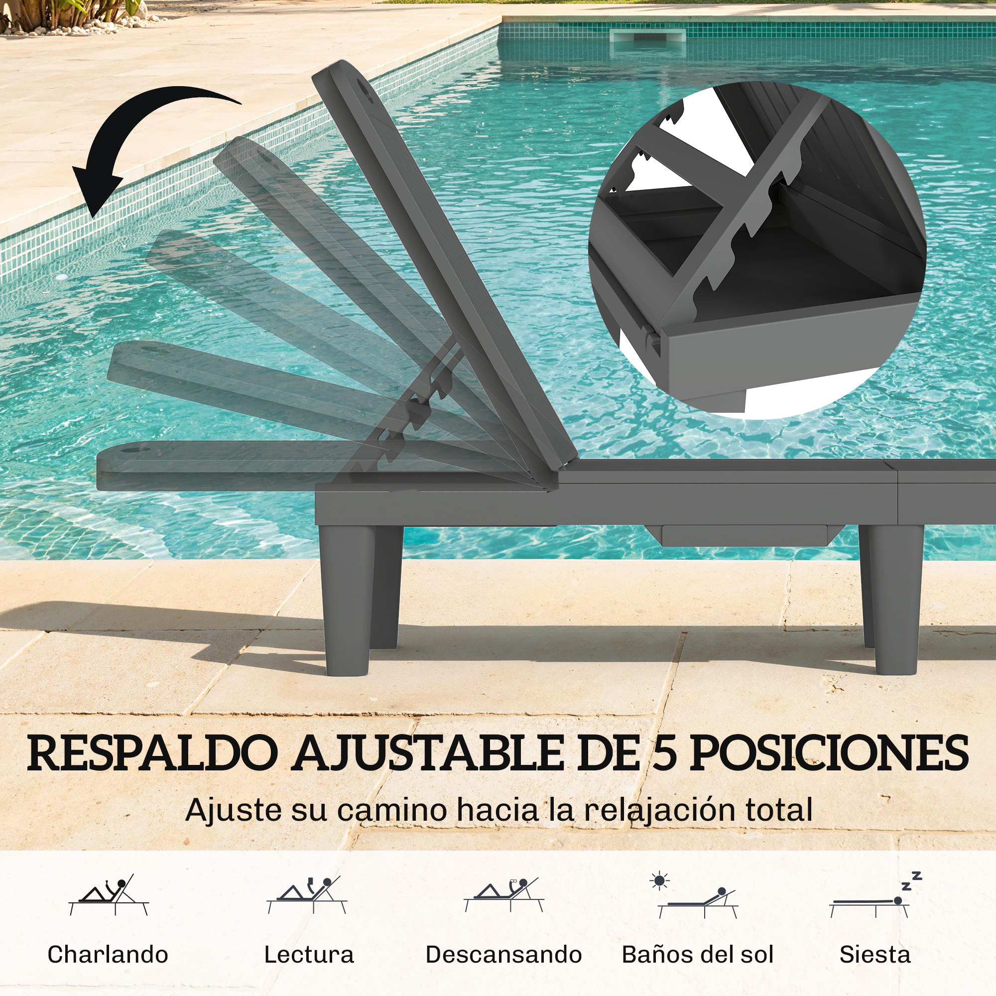 Tumbona gris ajustable junto a una piscina, mostrando 5 posiciones.