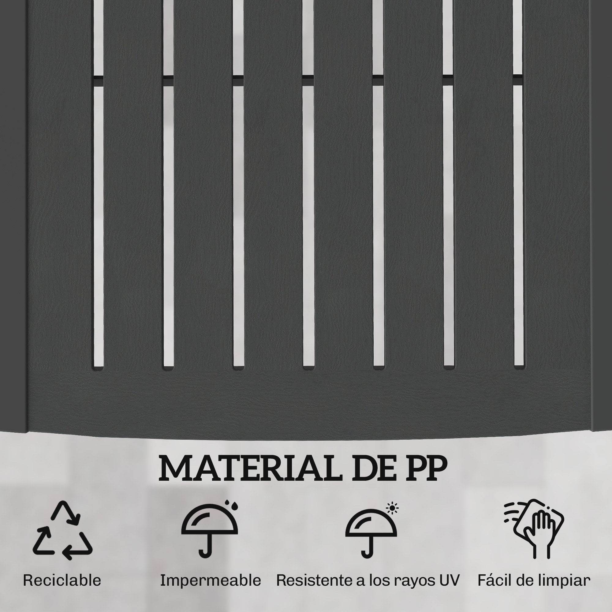 Texto de material PP gris oscuro con iconos: Reciclable, impermeable, resistente UV, fácil limpiar.