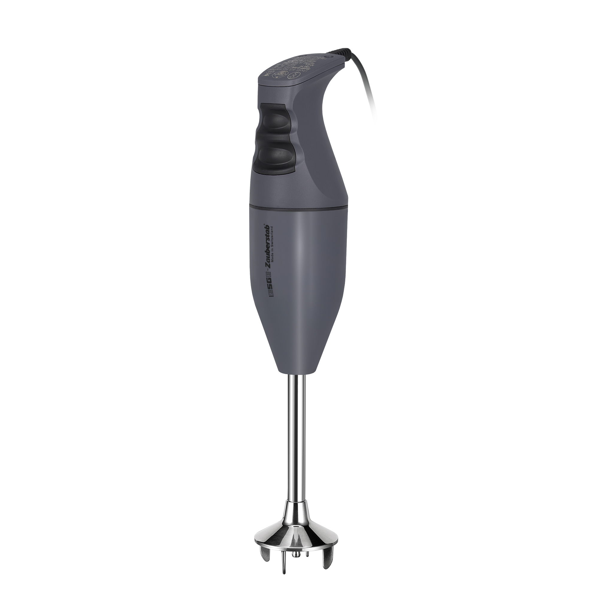 Grauer Stabmixer mit Edelstahl-Mixfuß und schwarzem Griff.