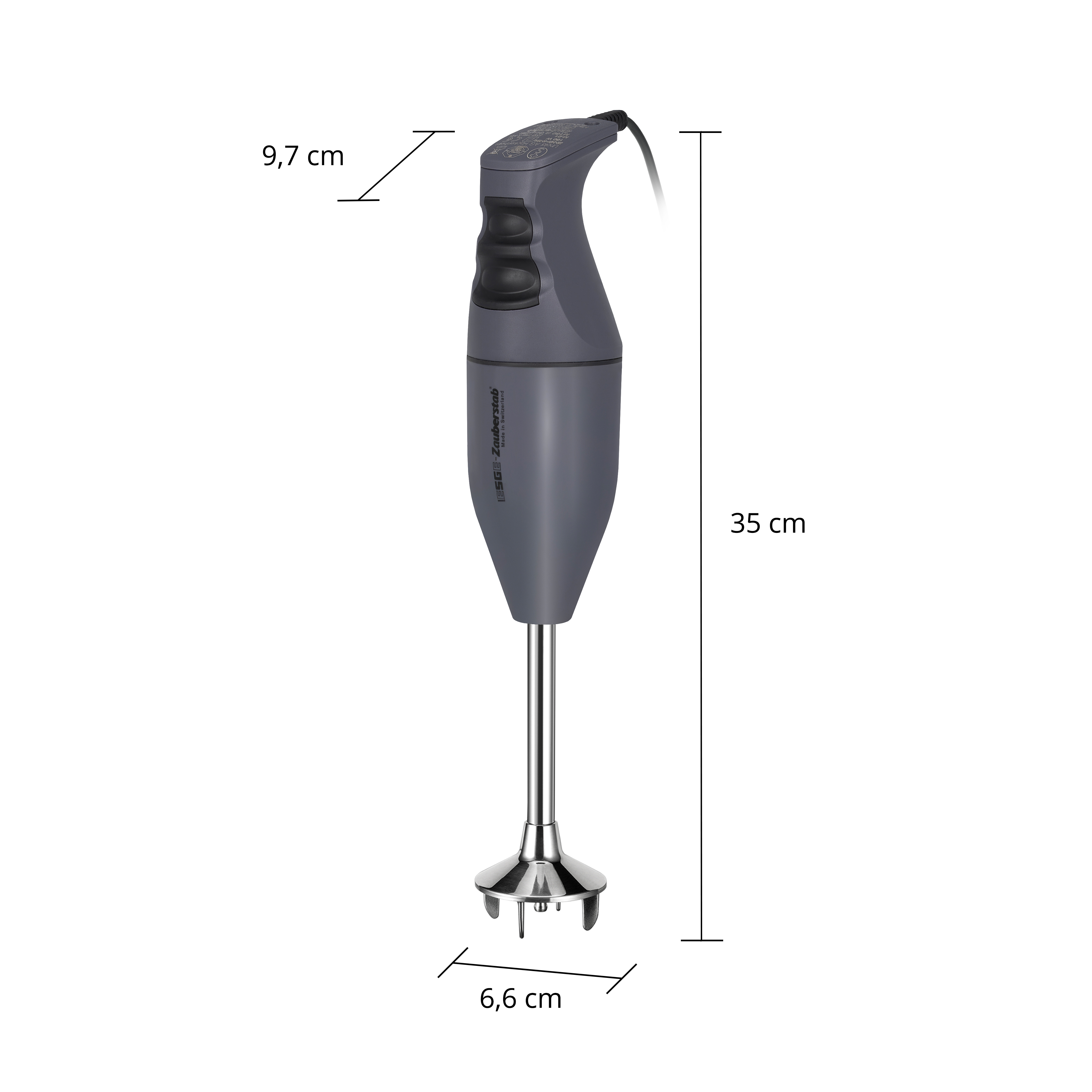 Ein grauer Stabmixer mit silbernem Schaft. Maße: 35 cm hoch, 9,7 cm breit, 6,6 cm Durchmesser.