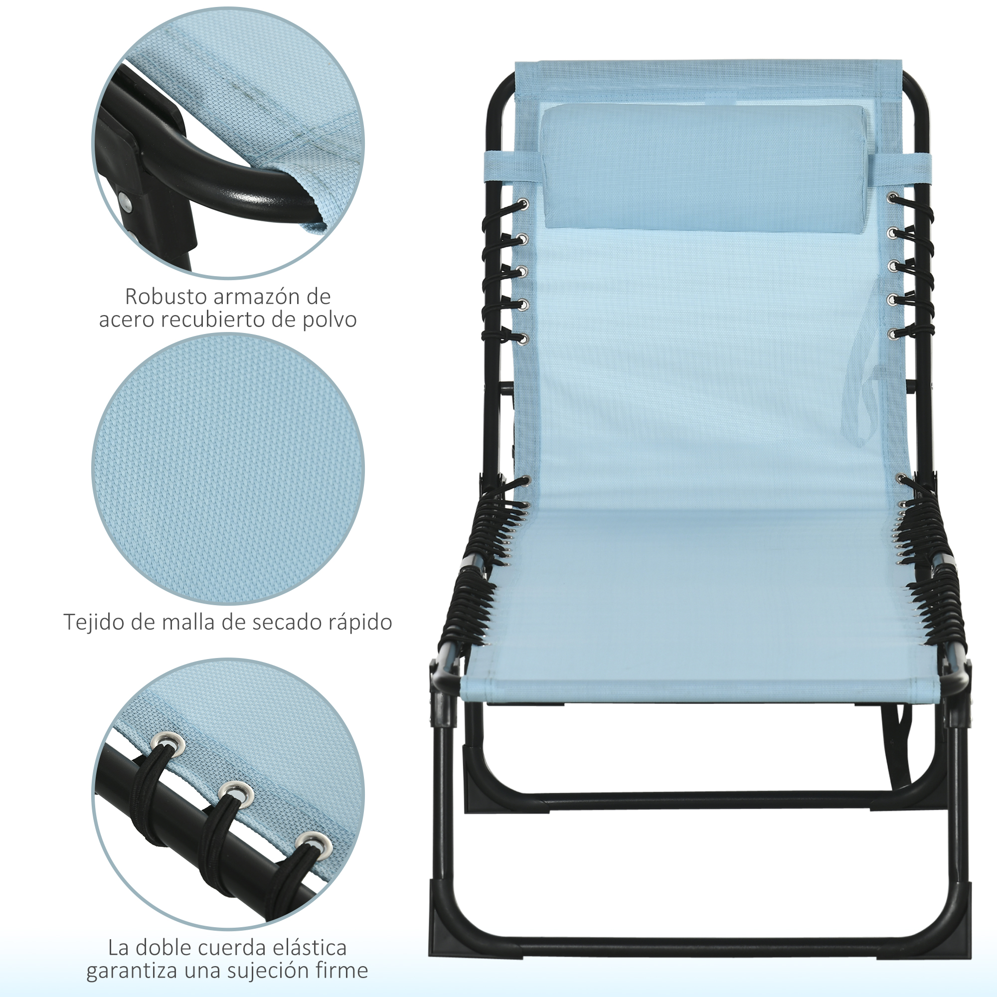Una silla de salón azul claro con marco de metal negro y cojín.