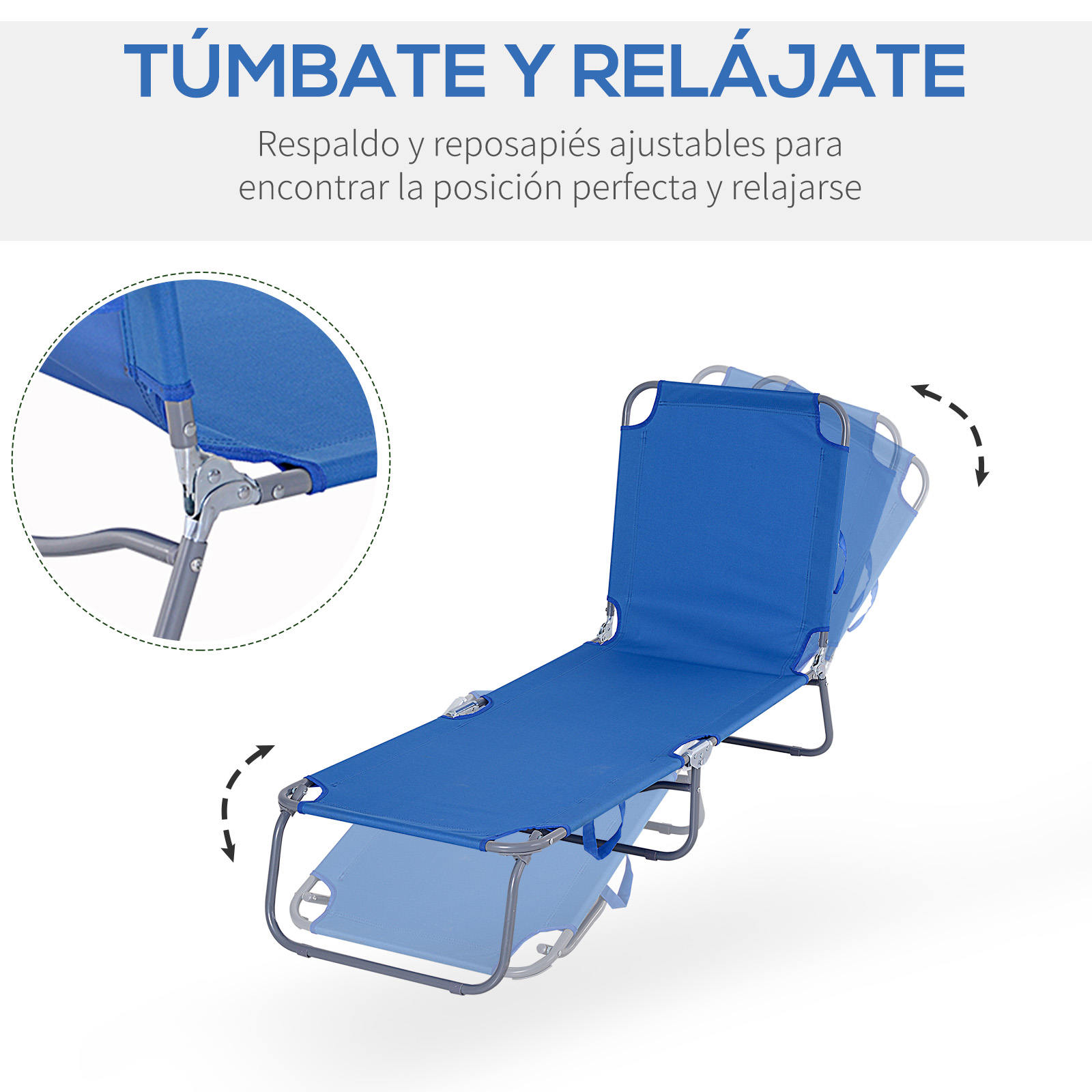 Tumbona azul con respaldo y reposapiés ajustables, mostrando movimiento con flechas.