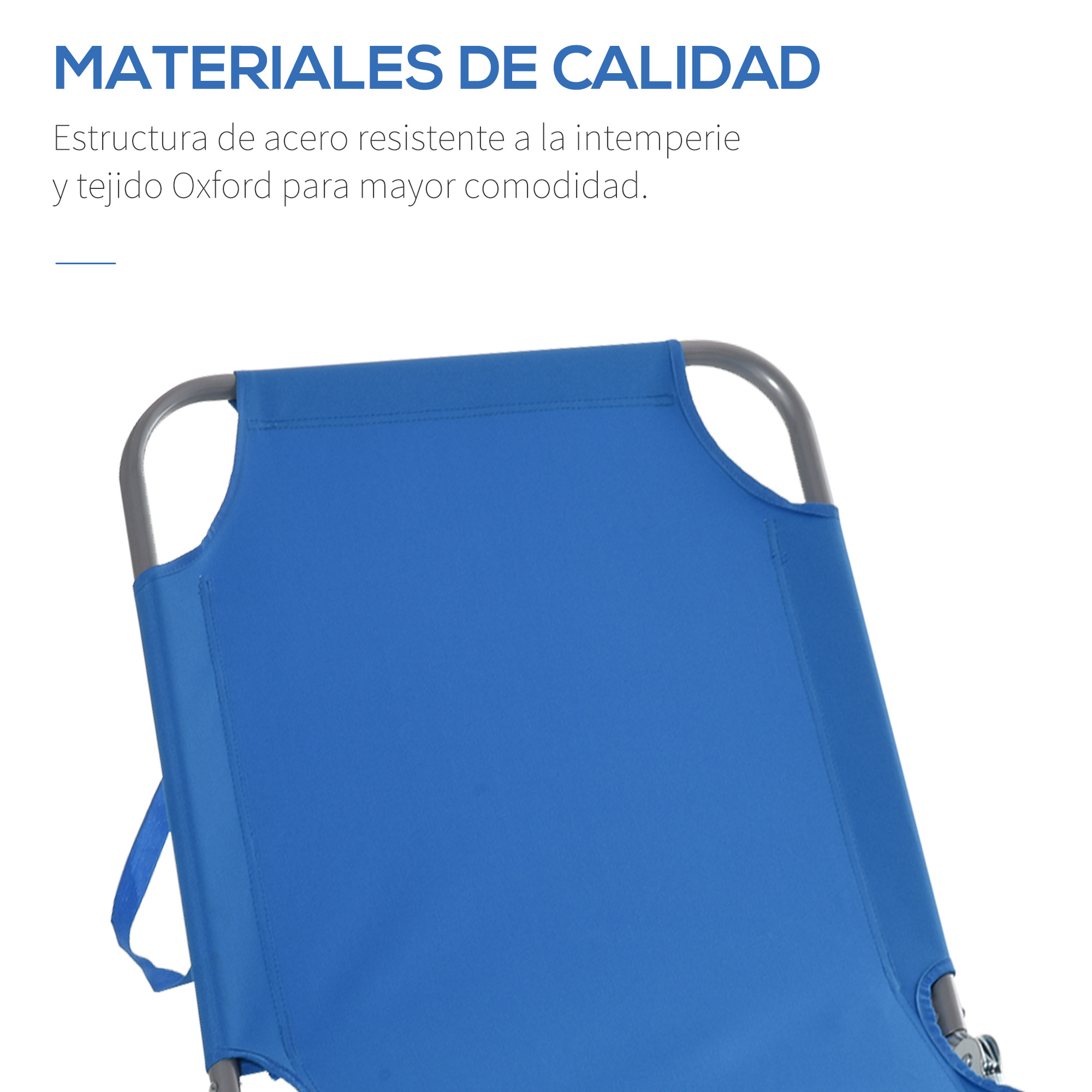 Primer plano de una tumbona azul con marco metálico. Materiales de calidad.
