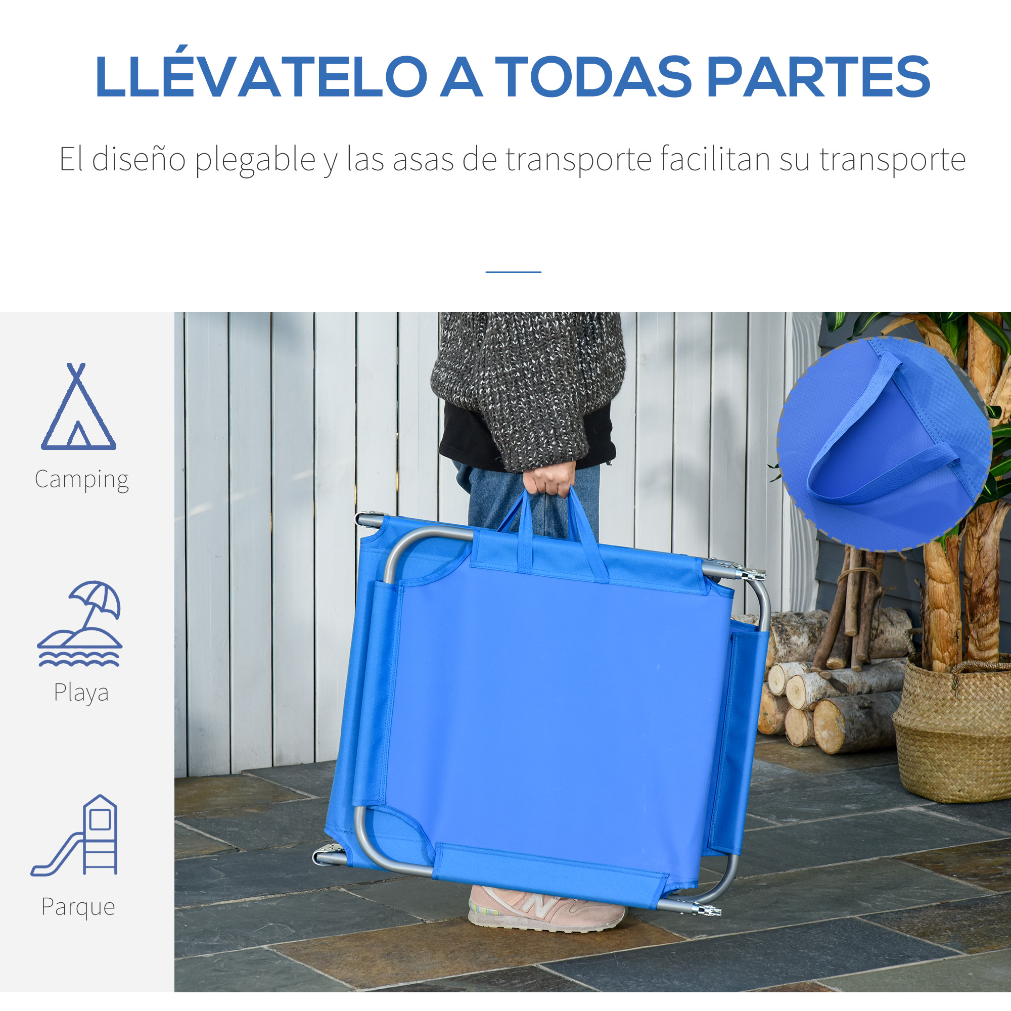 Una silla de salón plegable azul es llevada por una persona.