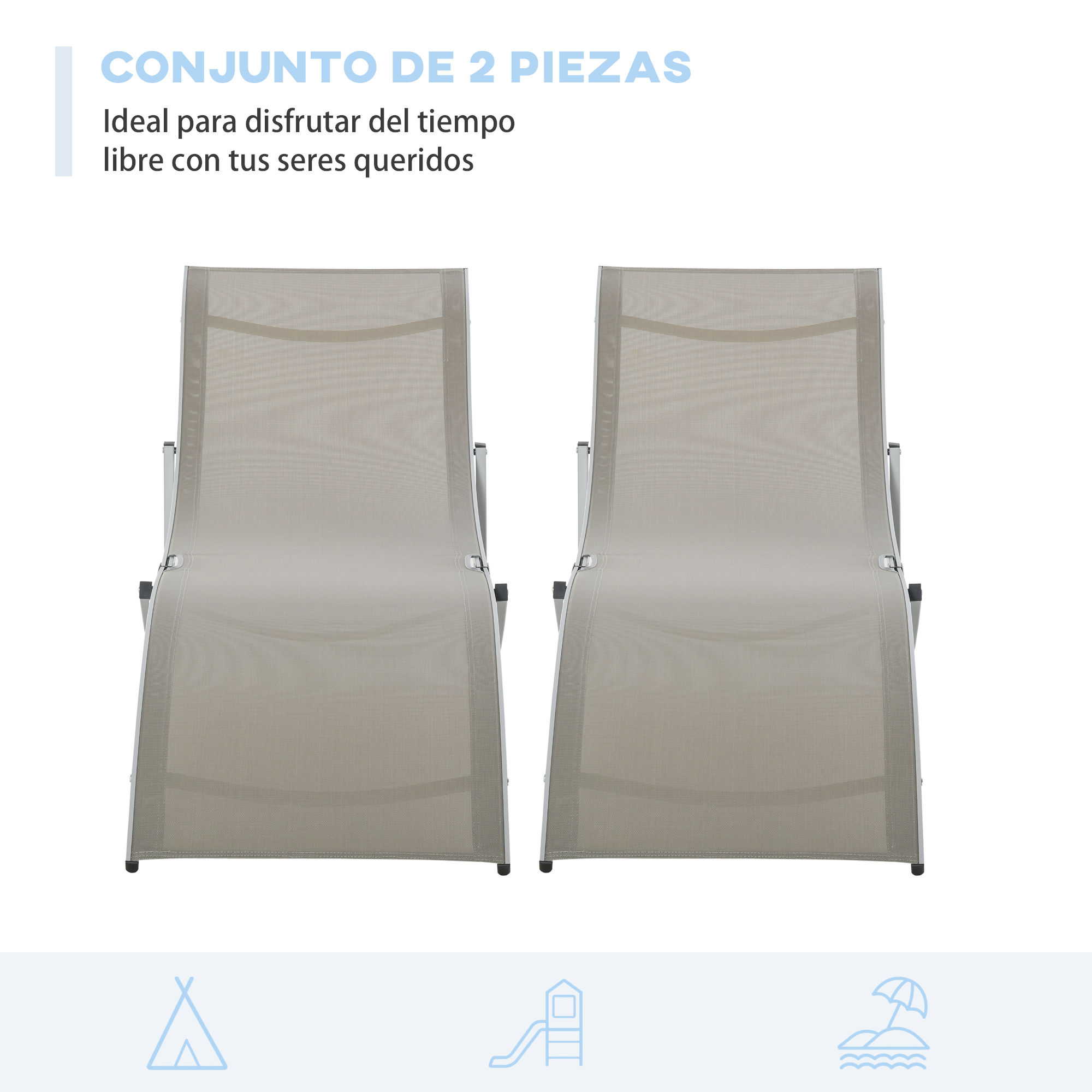 Dos tumbonas beige con marcos plateados están una al lado de la otra.