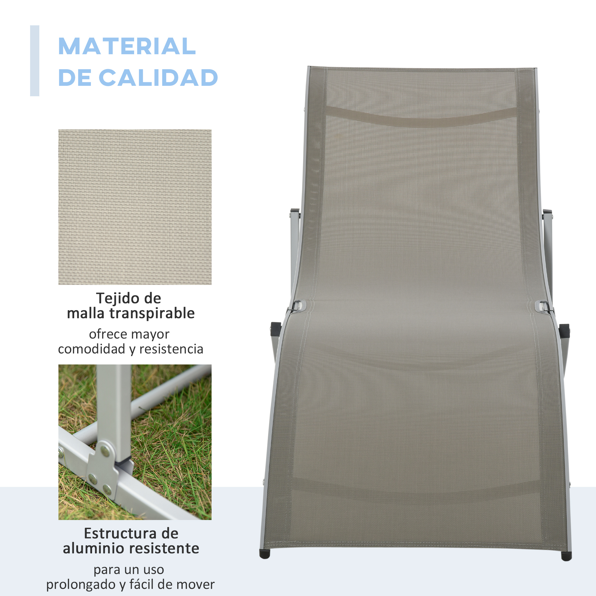 Silla de exterior gris de aluminio con tejido de malla transpirable.