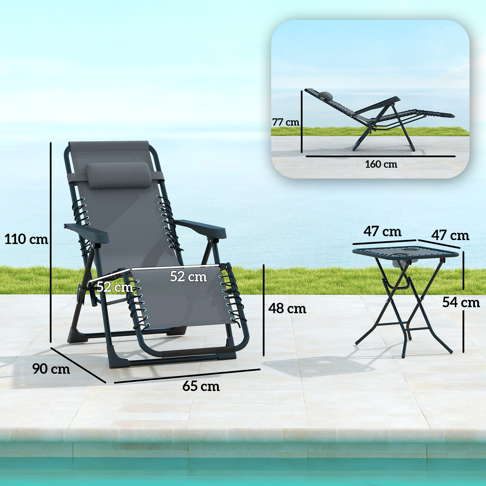 Una sedia a sdraio grigia e un tavolino vicino a una piscina con dimensioni.