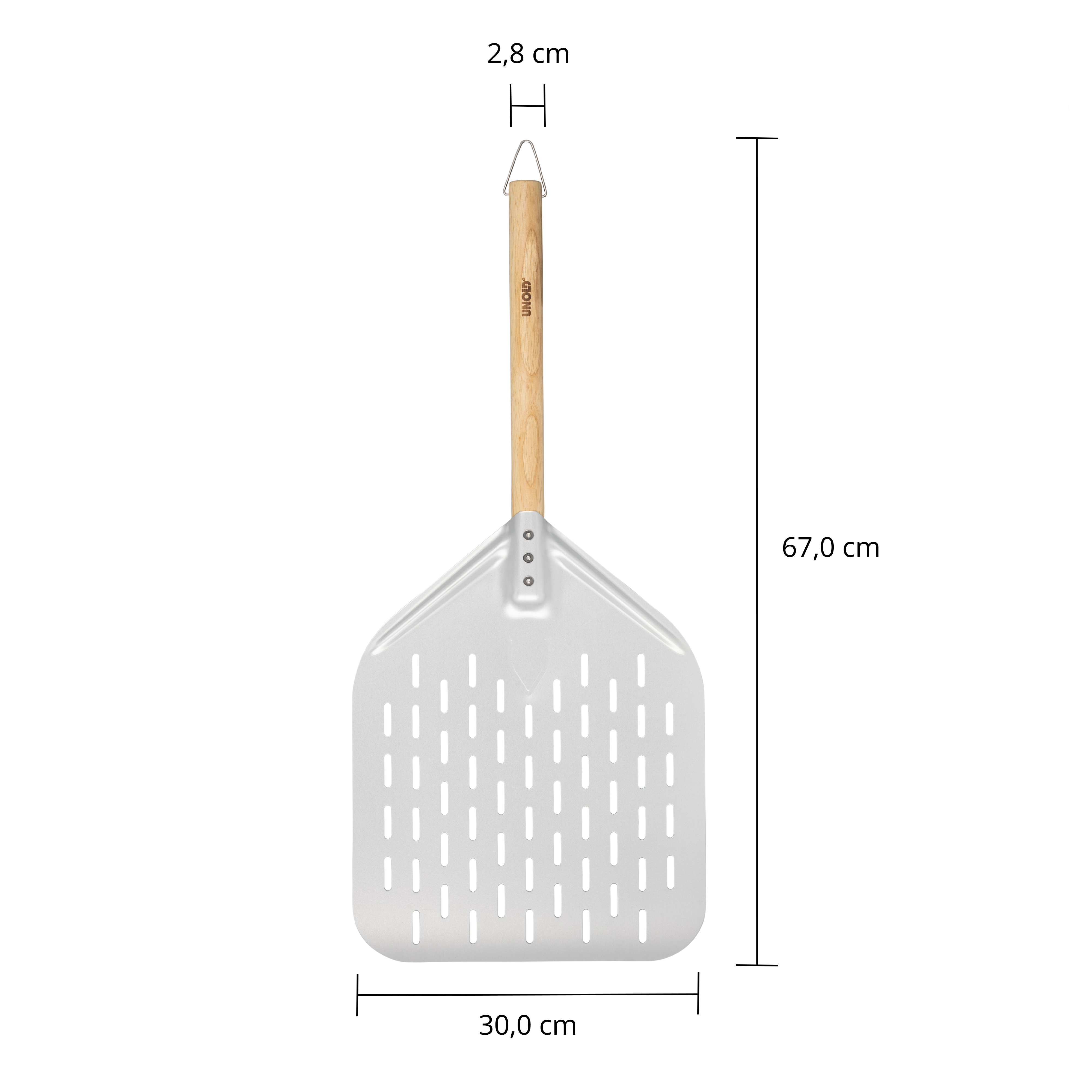 Aluminium-Pizzaschieber mit Holzgriff, 67cm lang, 30cm breit.
