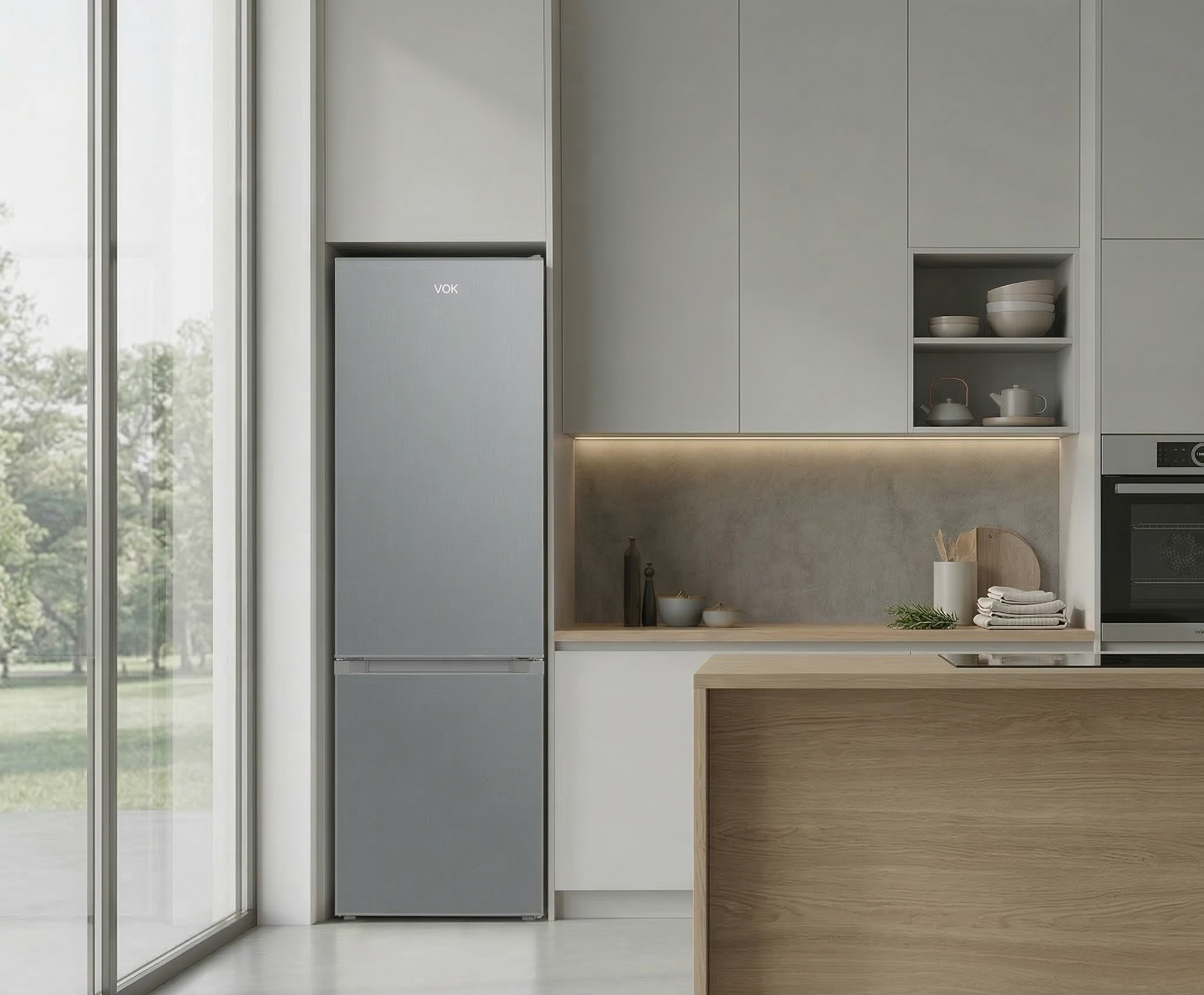 Cocina moderna con frigorífico plateado, detalles de madera y vistas al exterior.