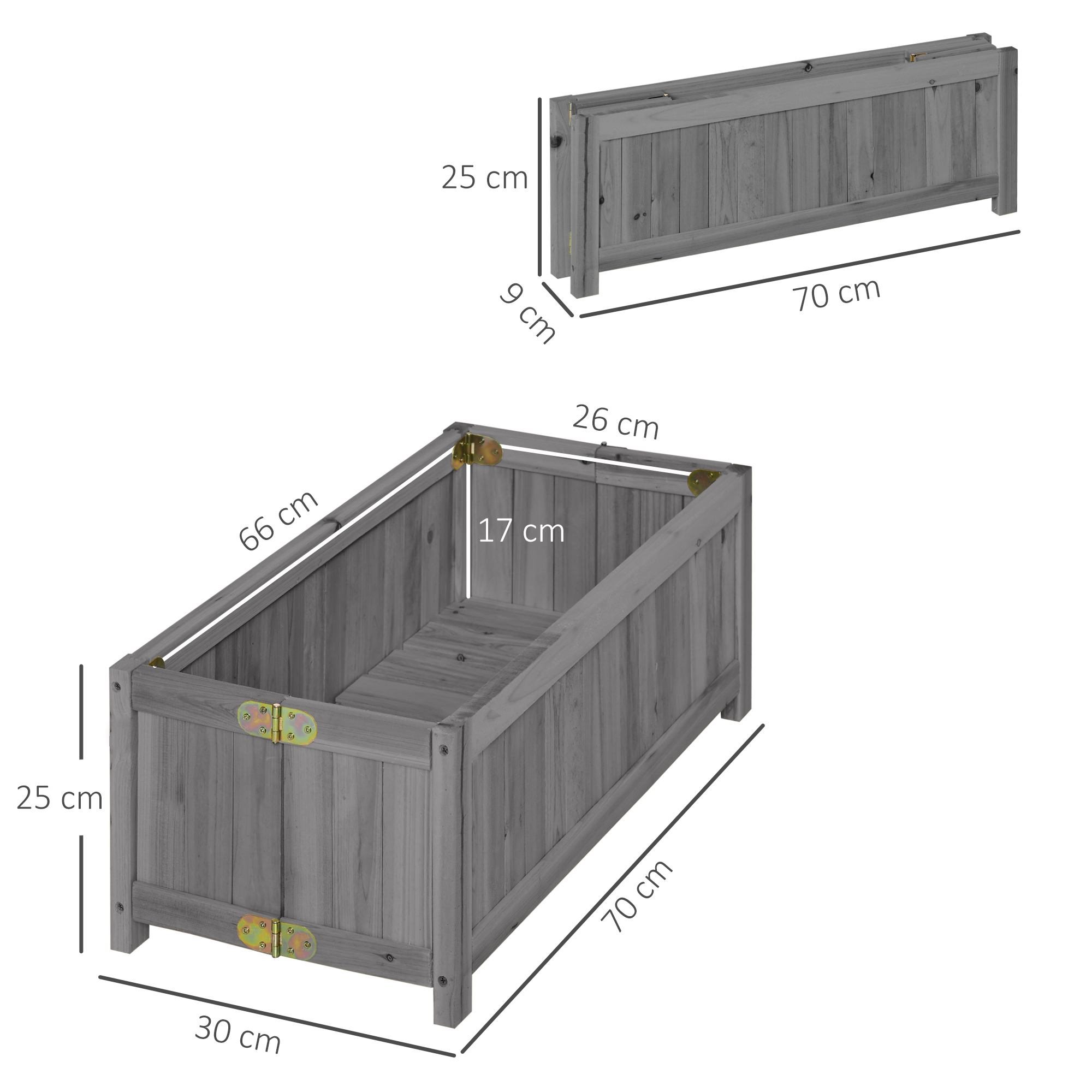 Caja de madera gris, 70x30x25 cm, con dimensiones y vista plegada.