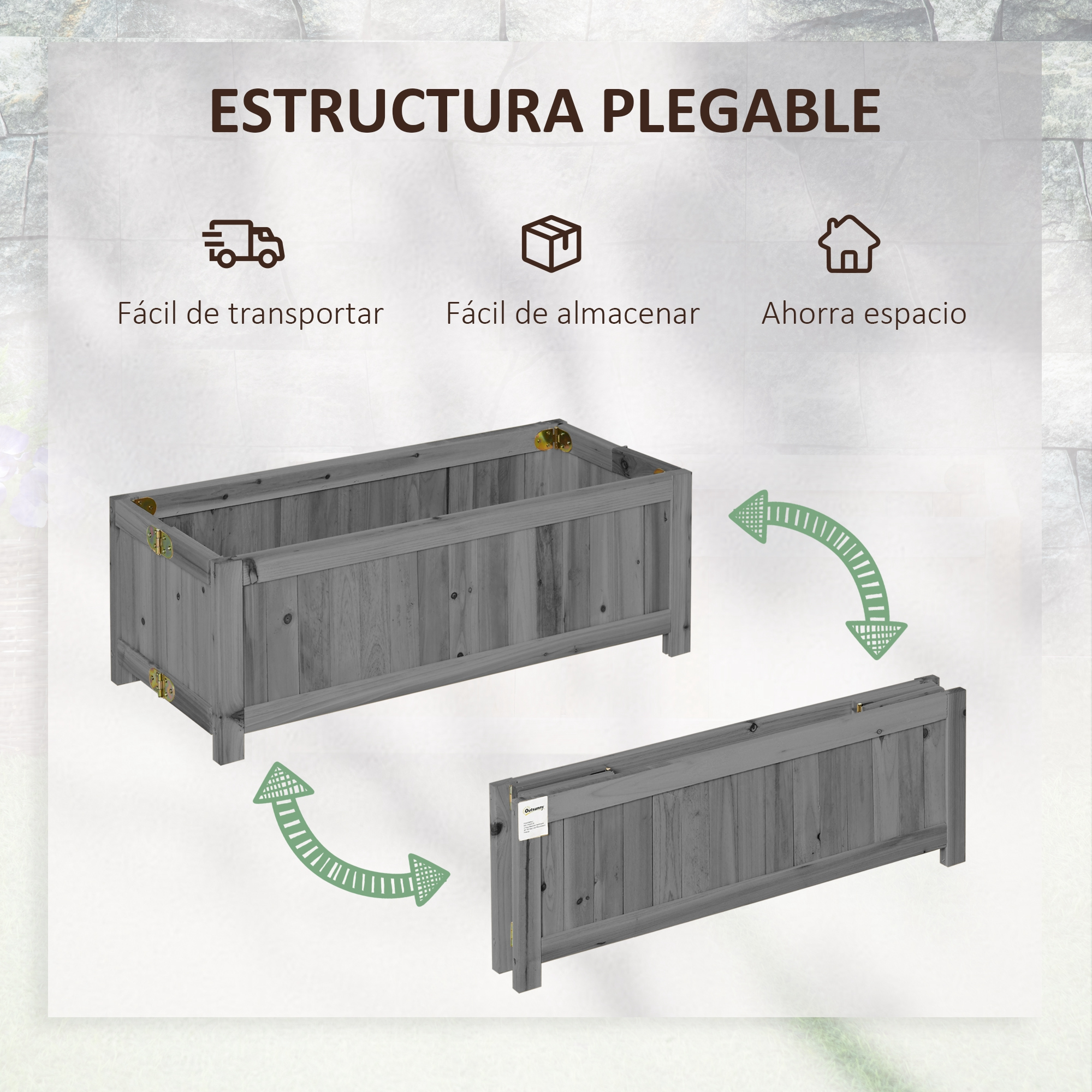 Macetero de madera gris, mostrado montado y plegado.