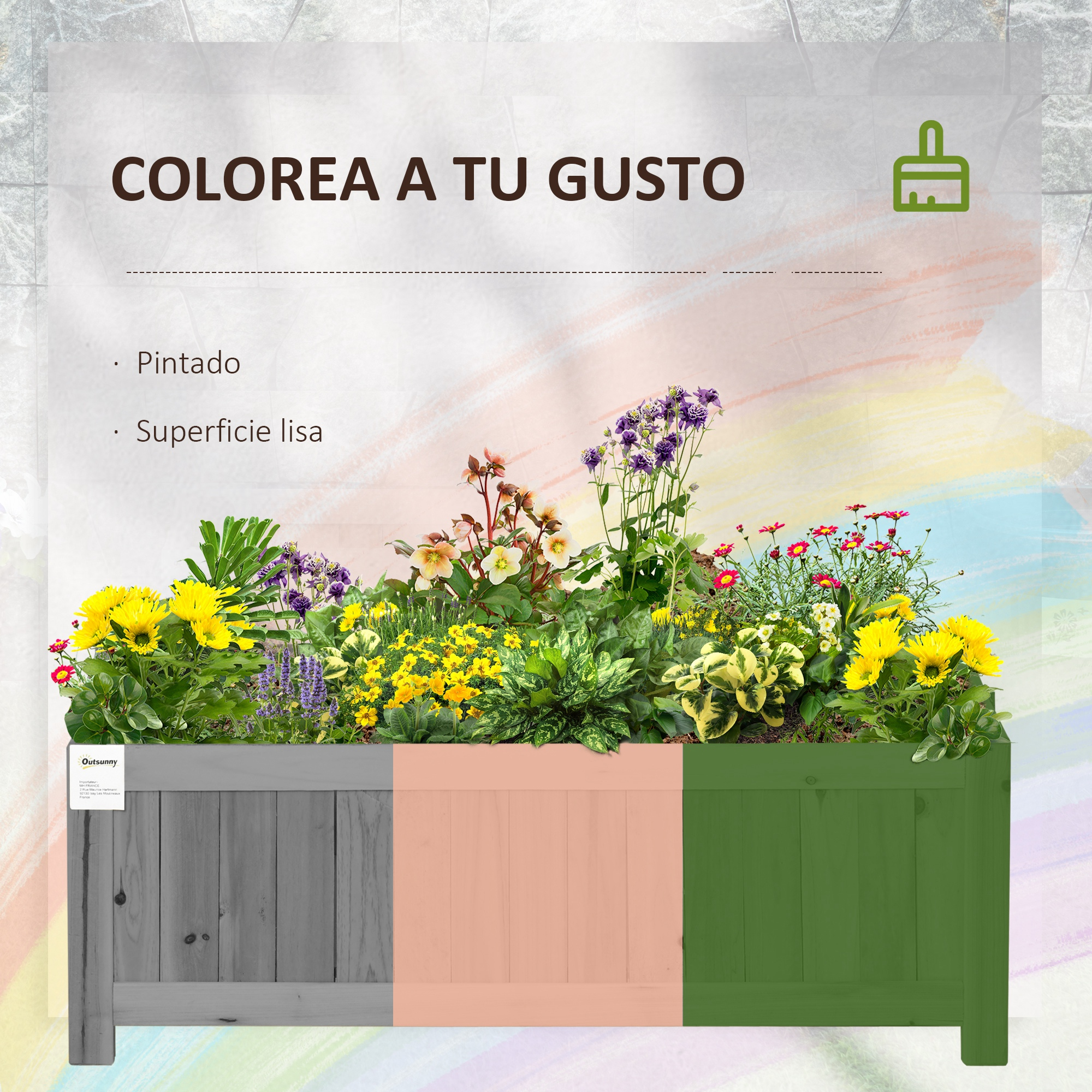 Un macetero de madera con flores y follaje coloridos, pintado en tres secciones.