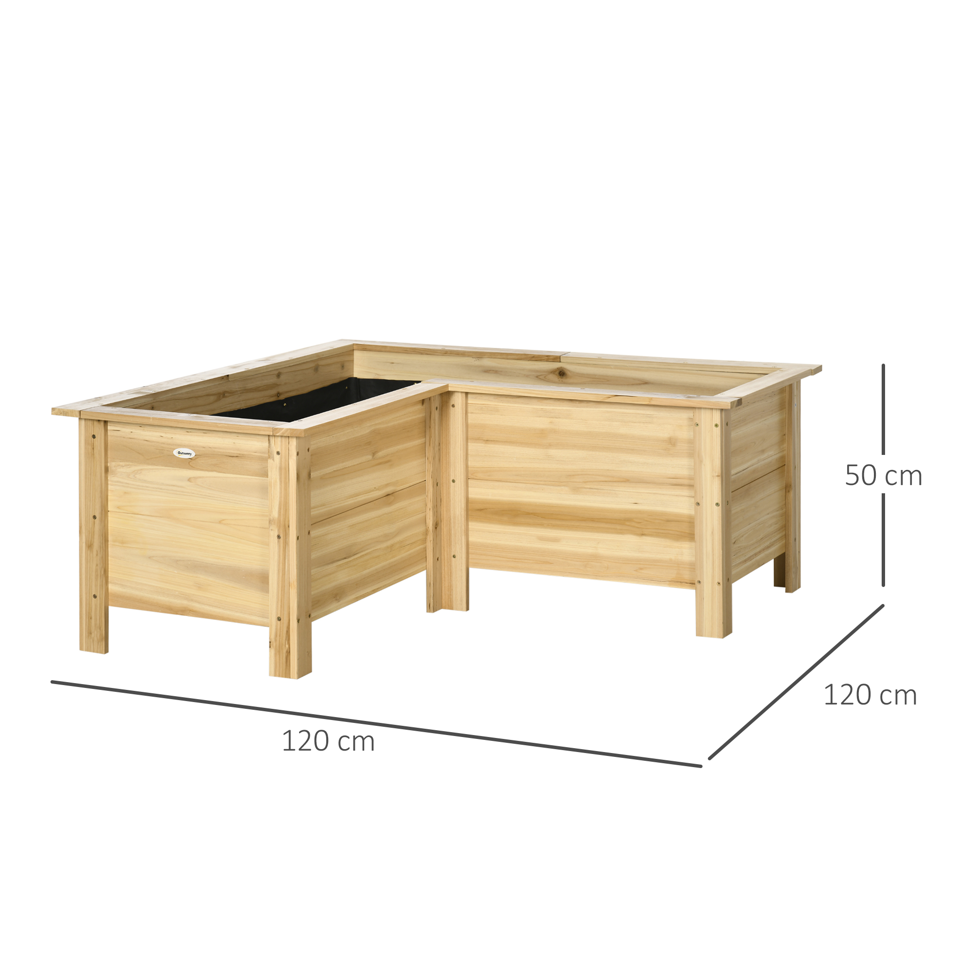 Bancal elevado de madera en forma de L, 120x120x50cm.