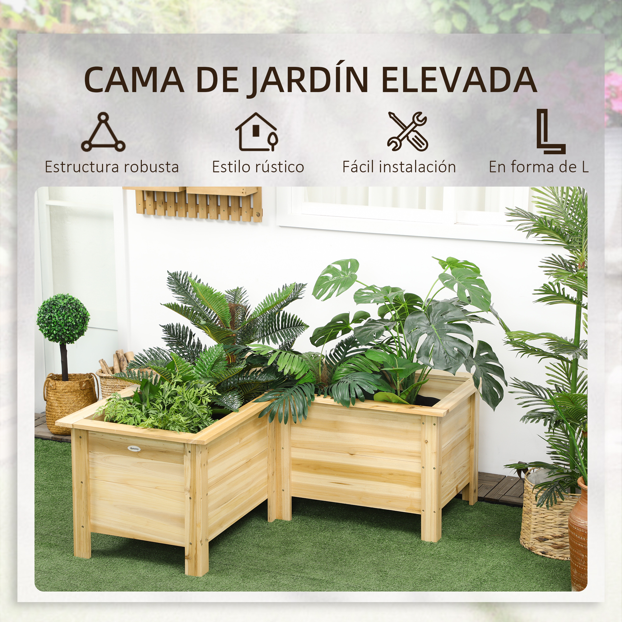 Dos jardineras elevadas de madera con plantas sobre césped artificial.