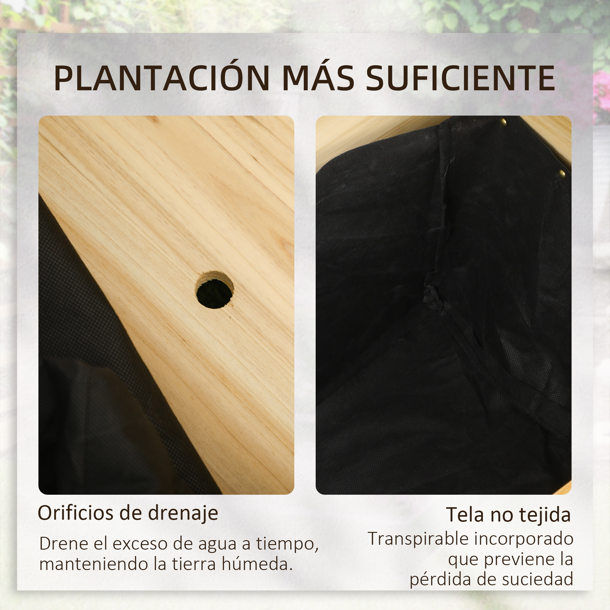 Superficie de madera con orificio de drenaje y tela negra.