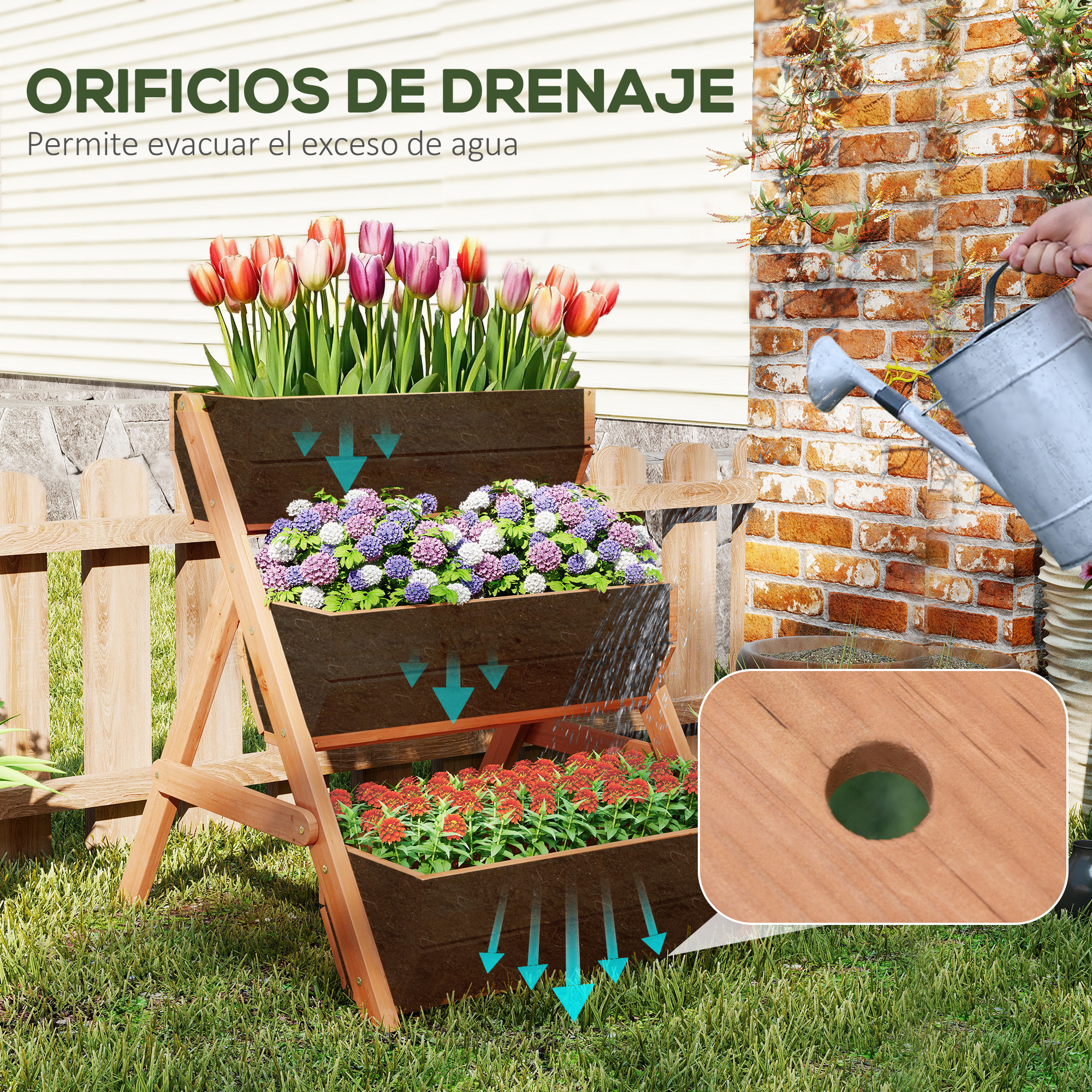 Una jardinera de madera de niveles con flores. Alguien la está regando.