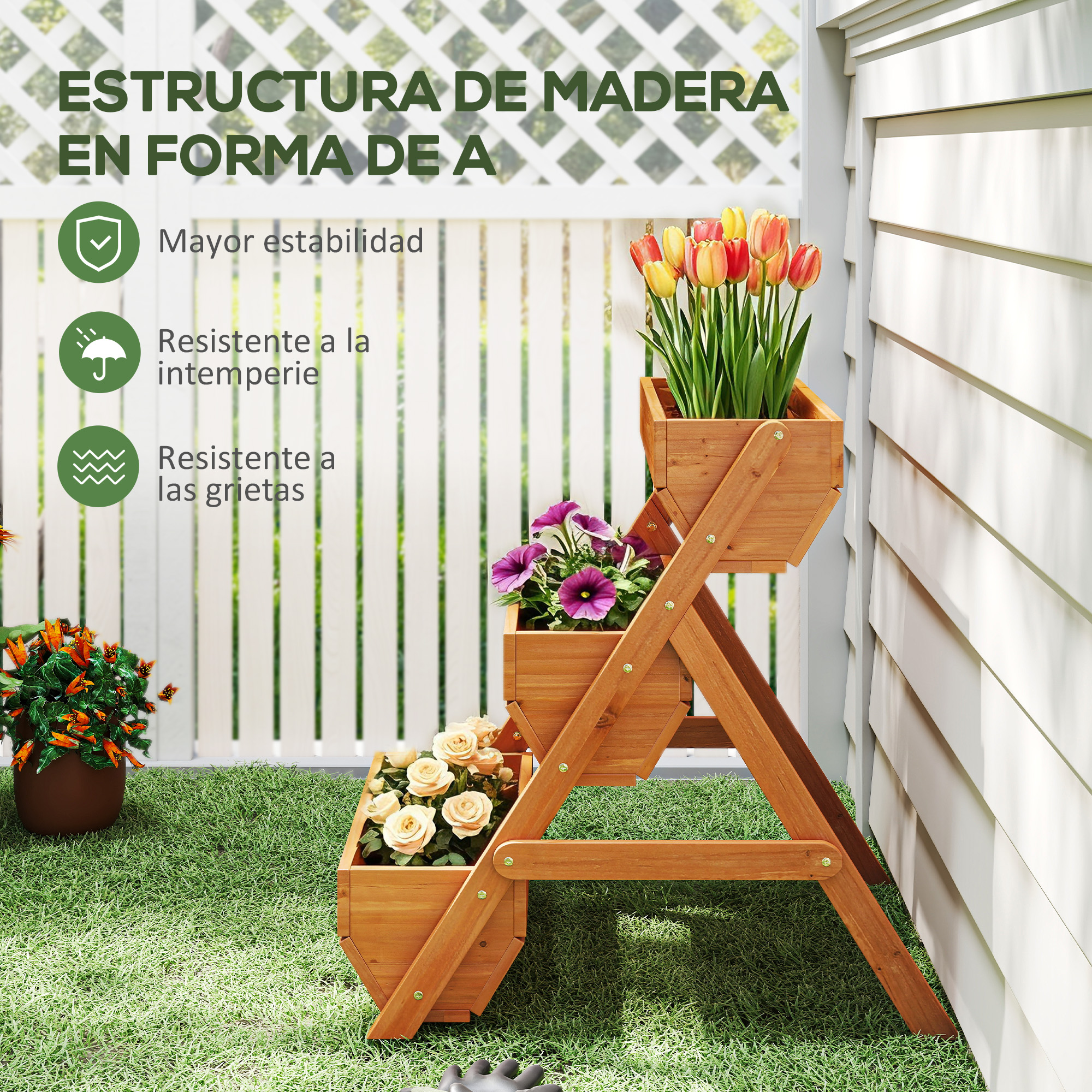 Macetero de madera en forma de A de tres niveles con tulipanes, petunias y rosas.