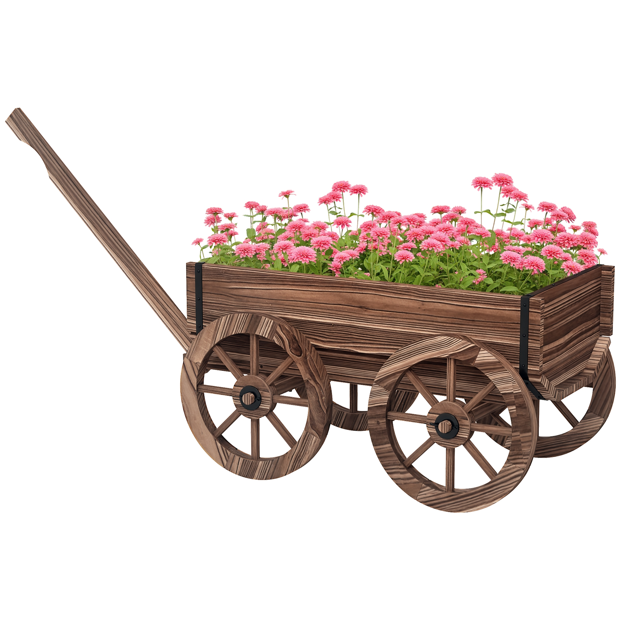 Ein hölzerner Wagen voller rosa Blumen.