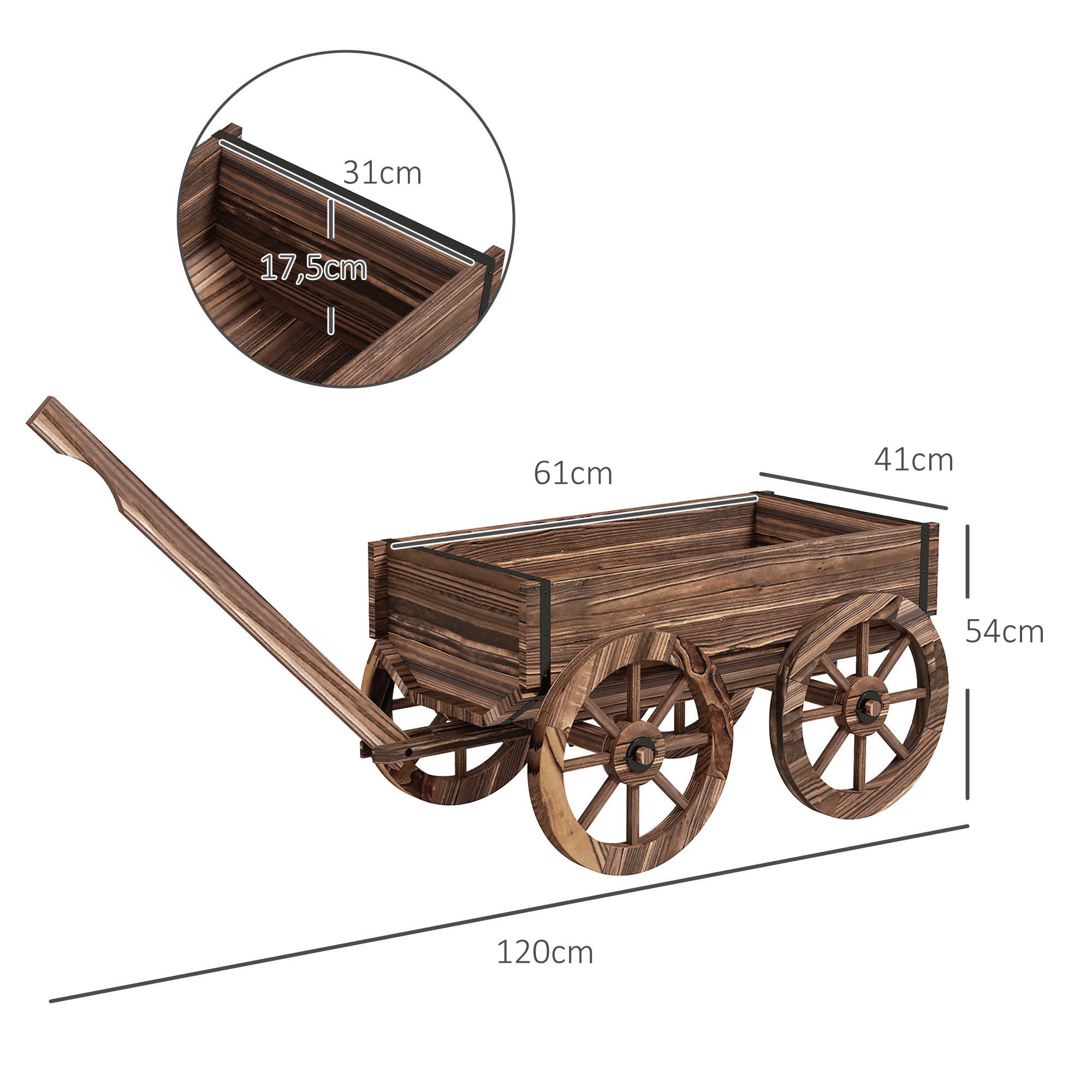 Holzkarren mit zwei Rädern, Maße aufgedruckt.