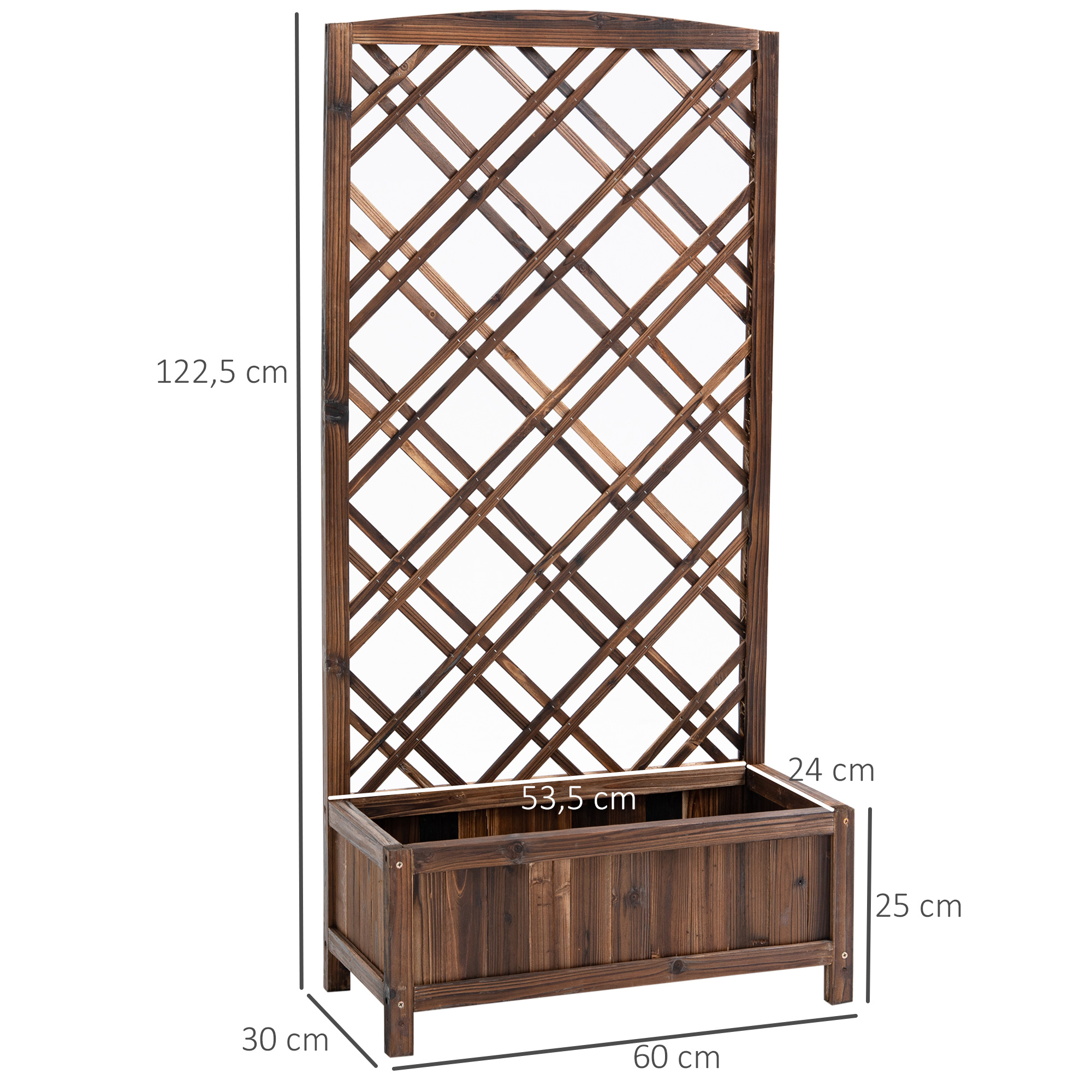 Macetero de madera marrón con enrejado, 122,5 cm alto.