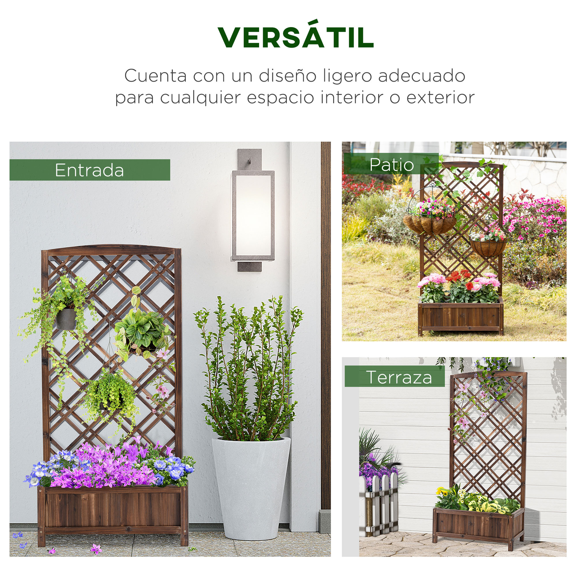 Macetas de madera con enrejados, aptas para interior y exterior.