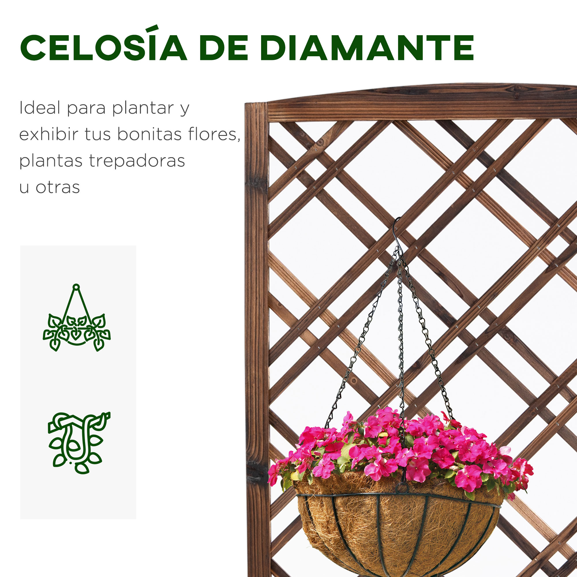 Una cesta colgante con flores rosas frente a una celosía de madera.