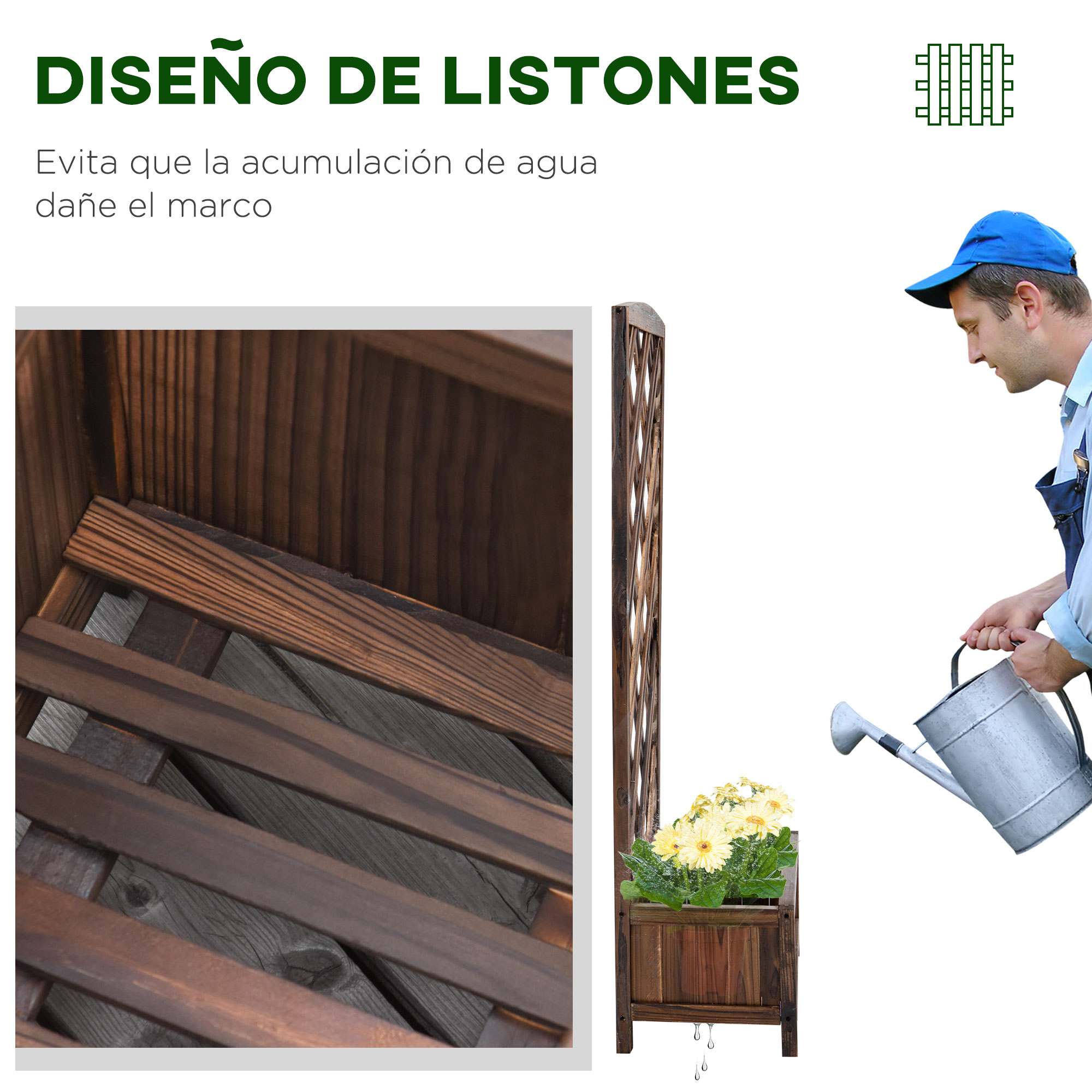 Hombre riega flores en maceta de madera; primer plano de madera.
