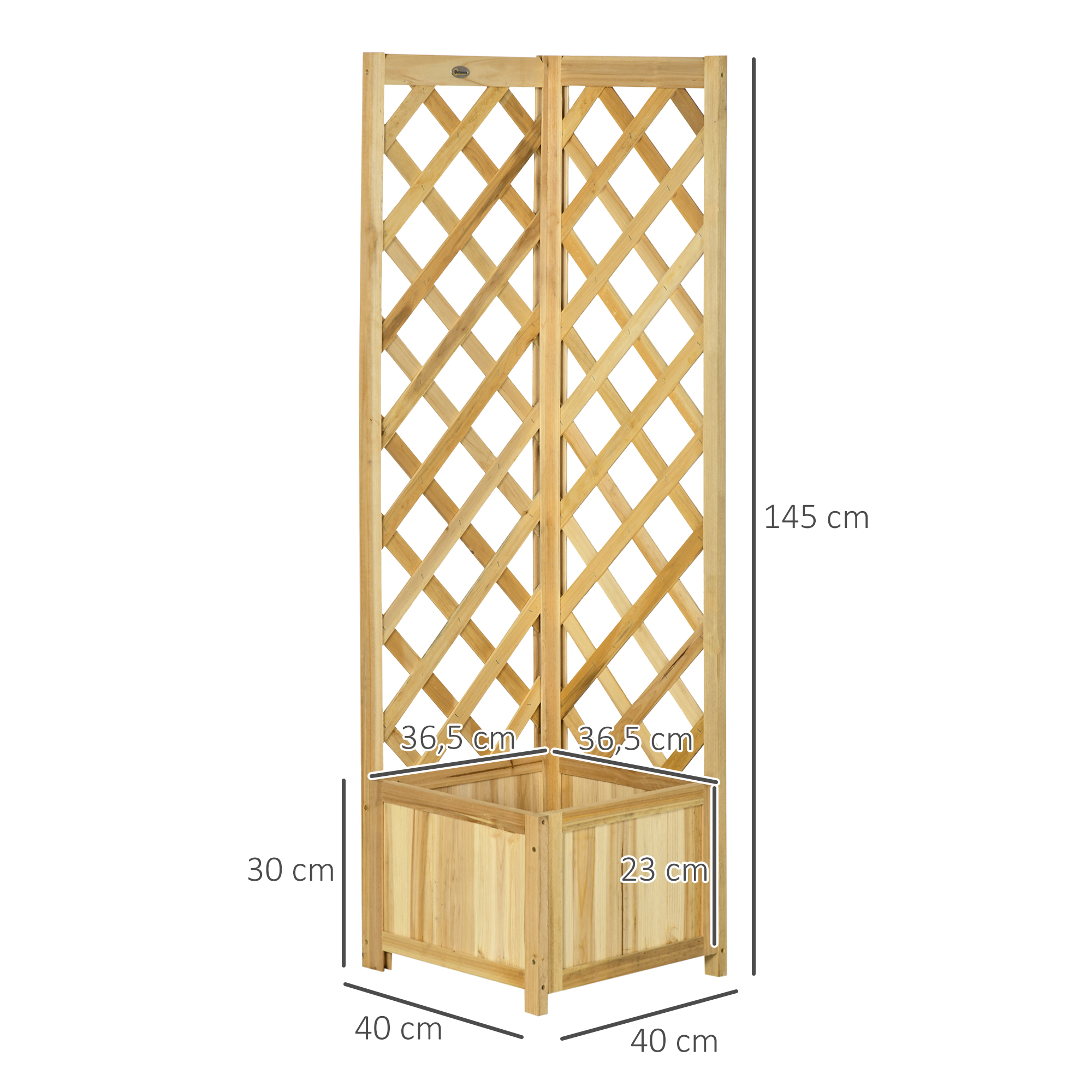 Enrejado de madera para macetas, 145 cm de alto con base de 40x40 cm.