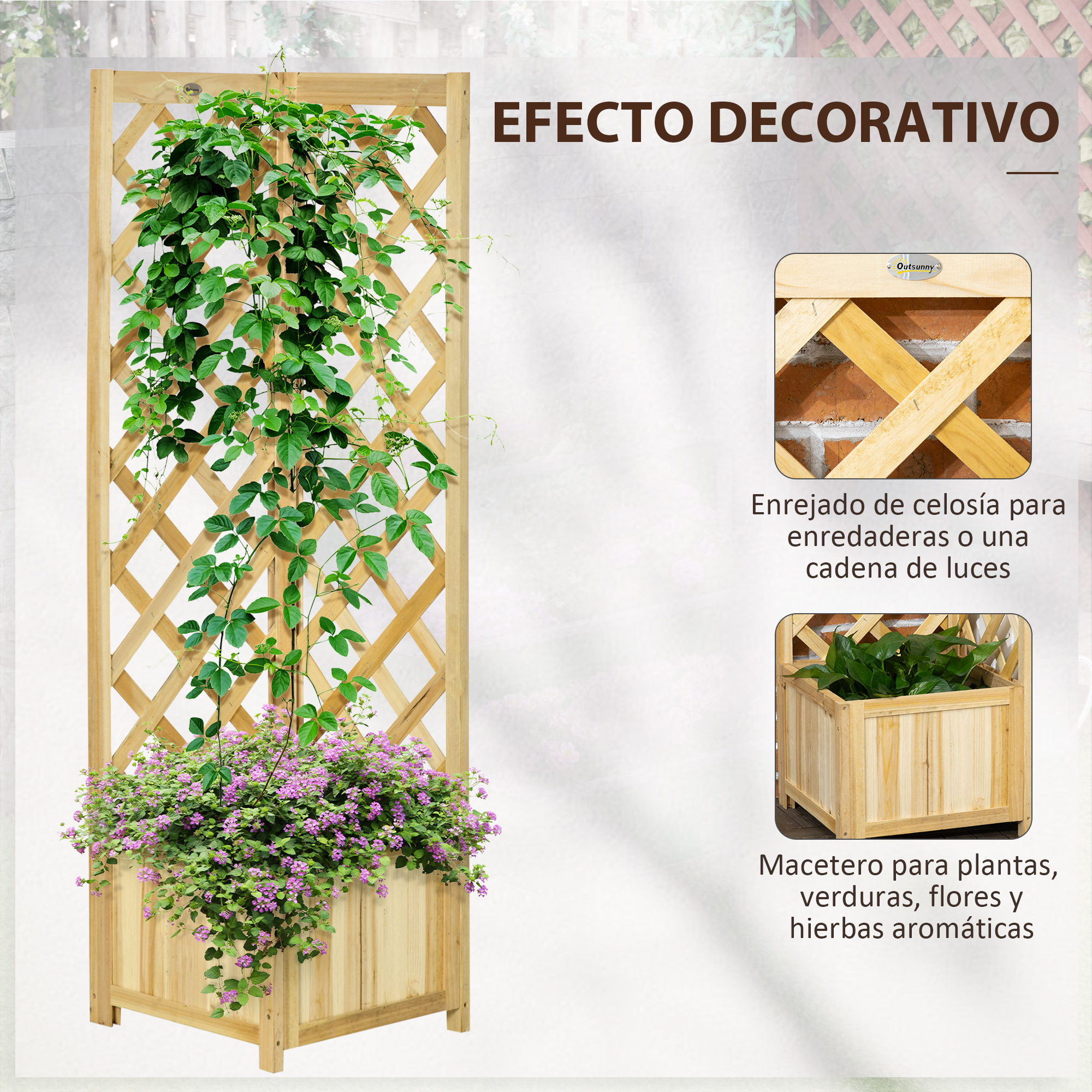 Macetero de celosía de madera con plantas trepadoras y flores moradas.
