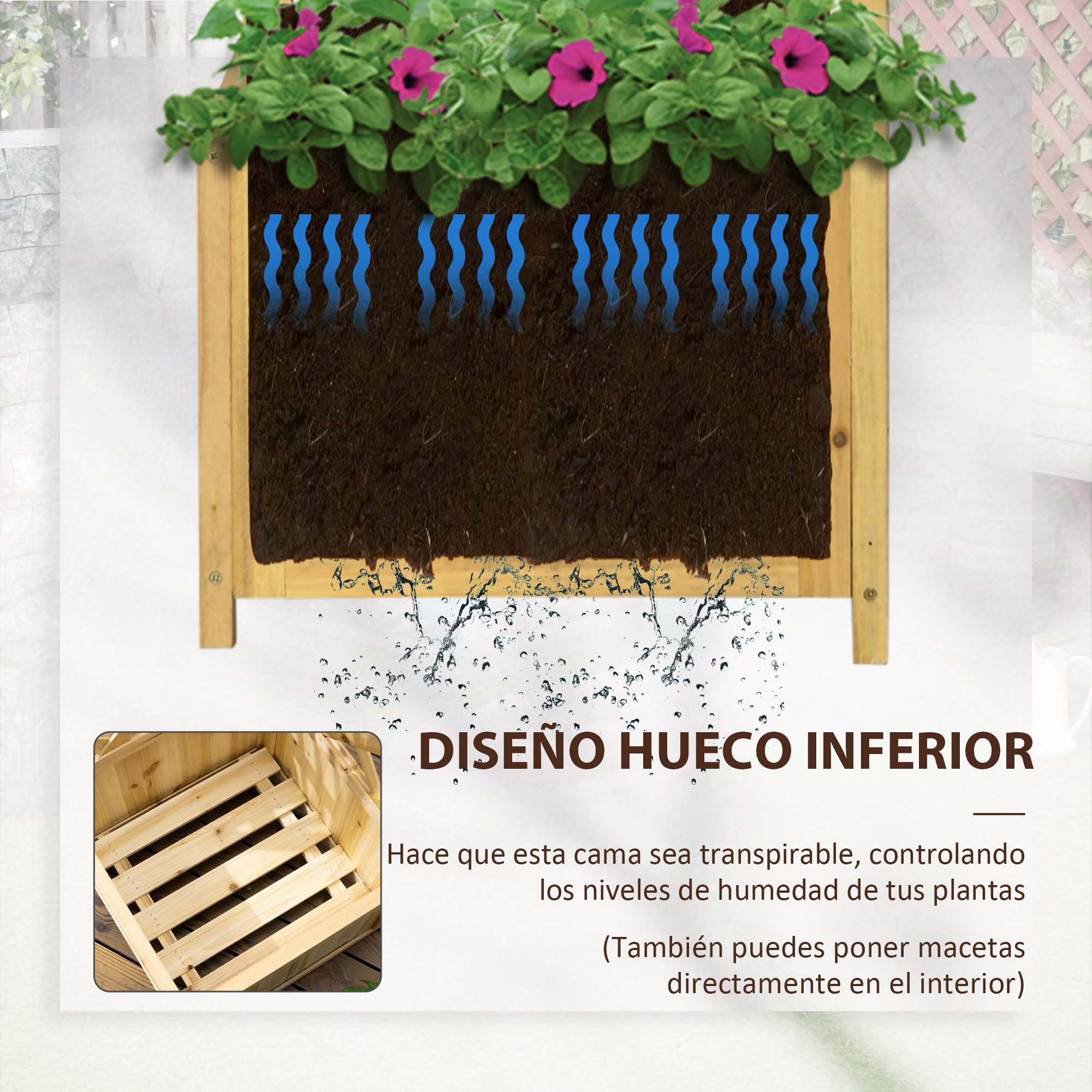 Macetero de madera con flores, tierra y diagrama de flujo de agua.