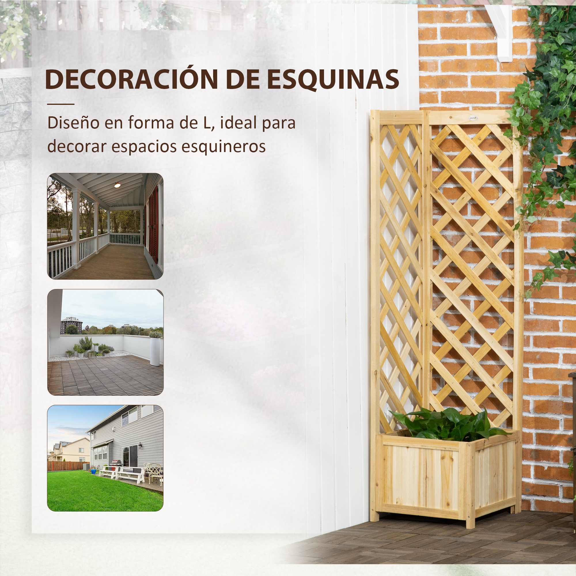 Enrejado de madera con jardinera y fotos de porches, patios y jardines.