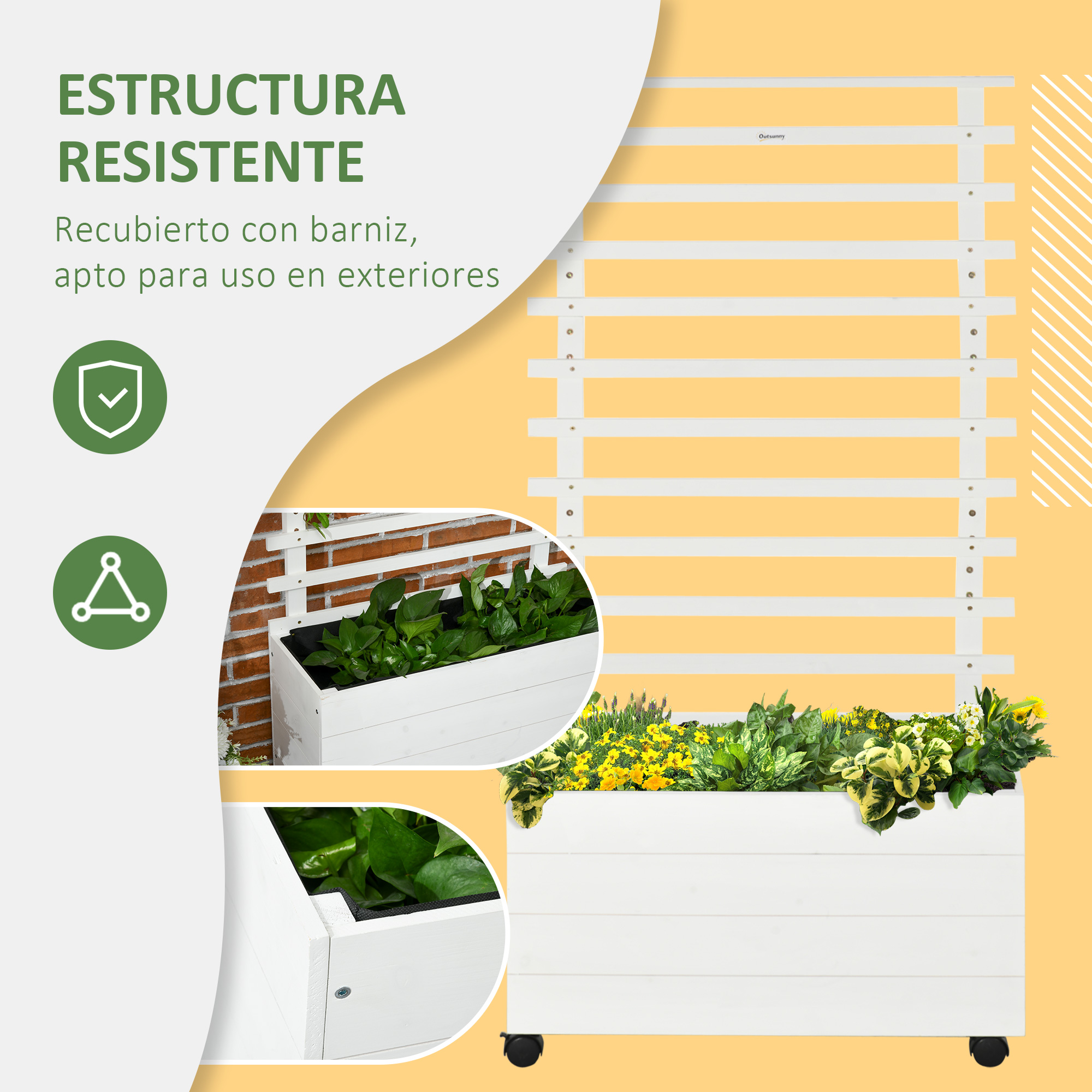 Macetero blanco con ruedas y enrejado, rodeado de plantas.