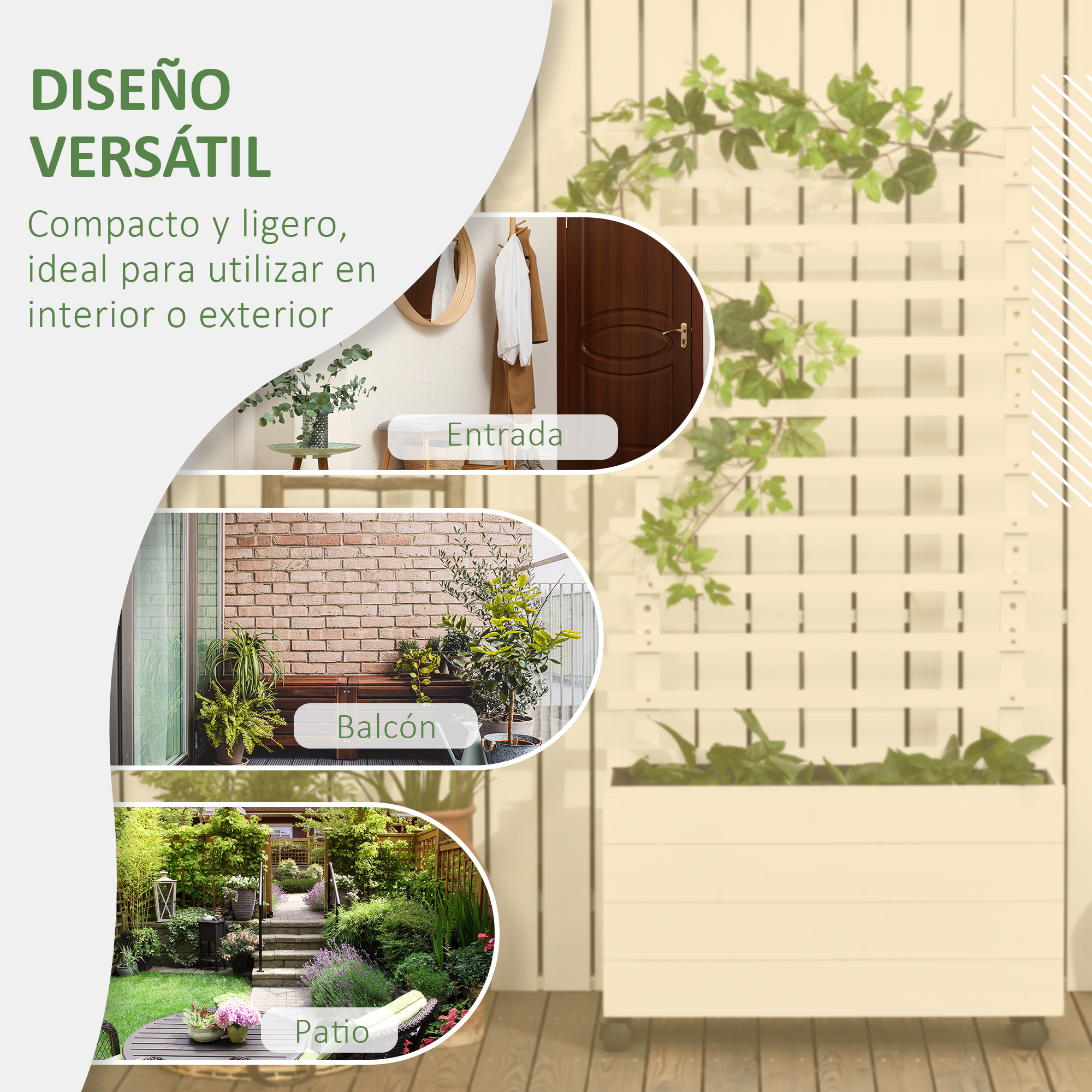 Diseño versátil: Entrada, balcón y patio con plantas y muebles.
