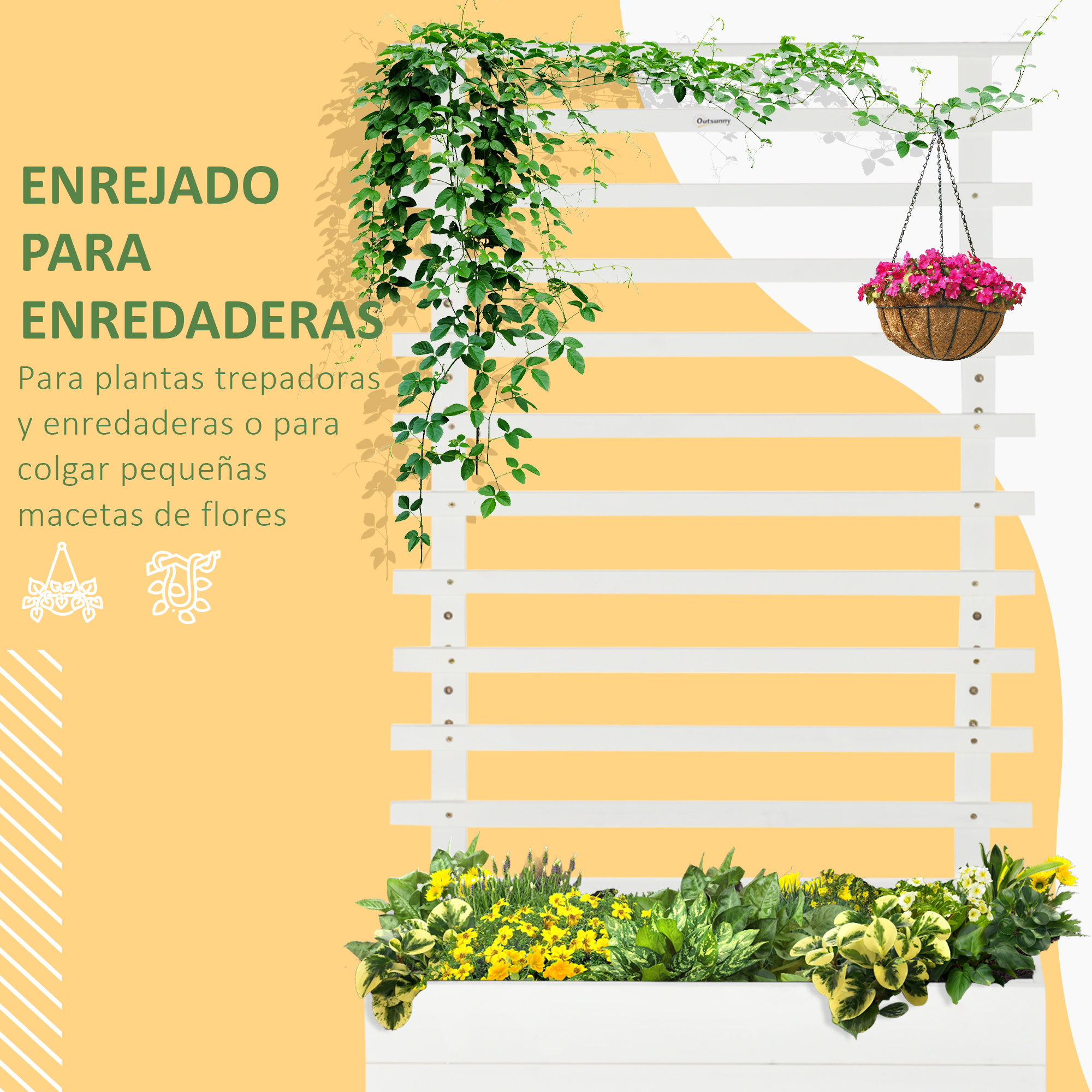 Enrejado blanco con enredaderas verdes, flores amarillas y maceta colgante.