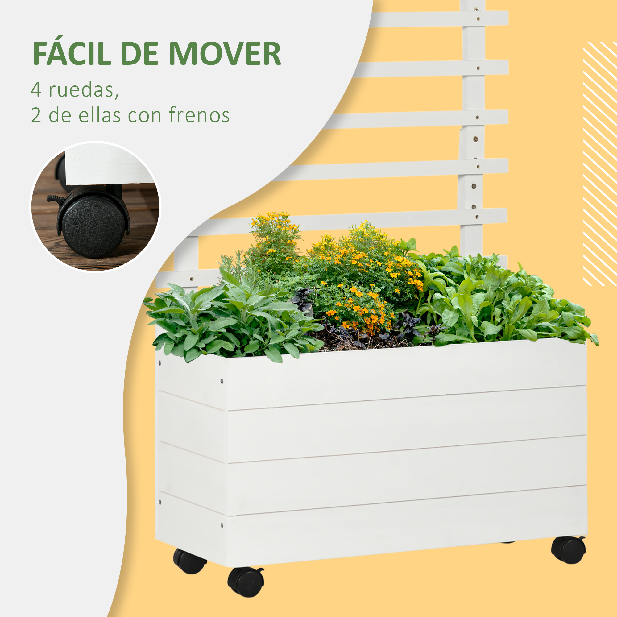 Macetero blanco con ruedas, con varias plantas verdes y flores amarillas.